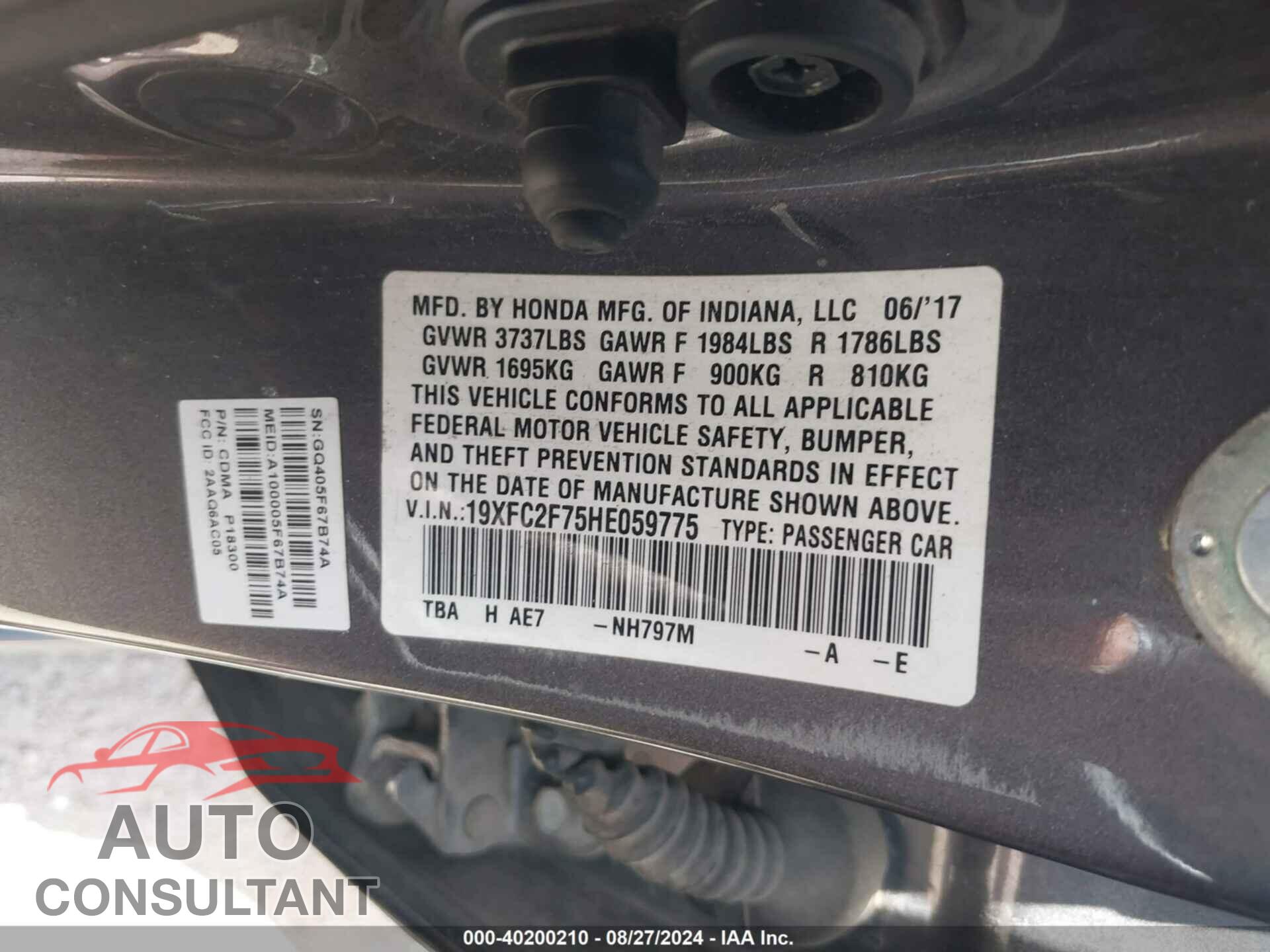 HONDA CIVIC 2017 - 19XFC2F75HE059775