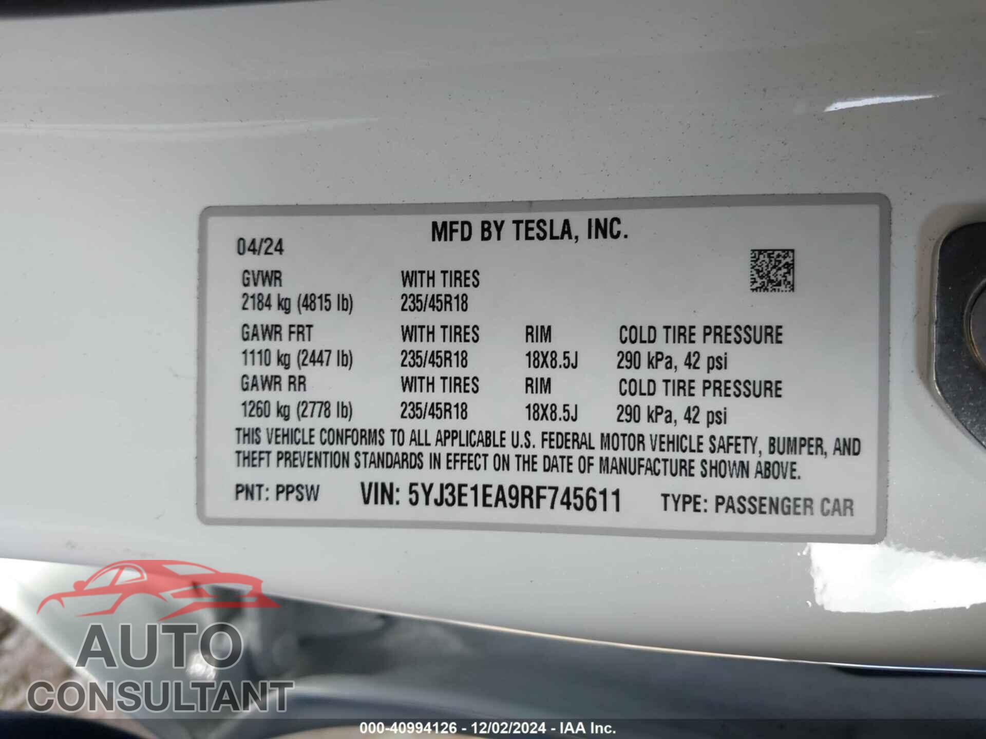 TESLA MODEL 3 2024 - 5YJ3E1EA9RF745611