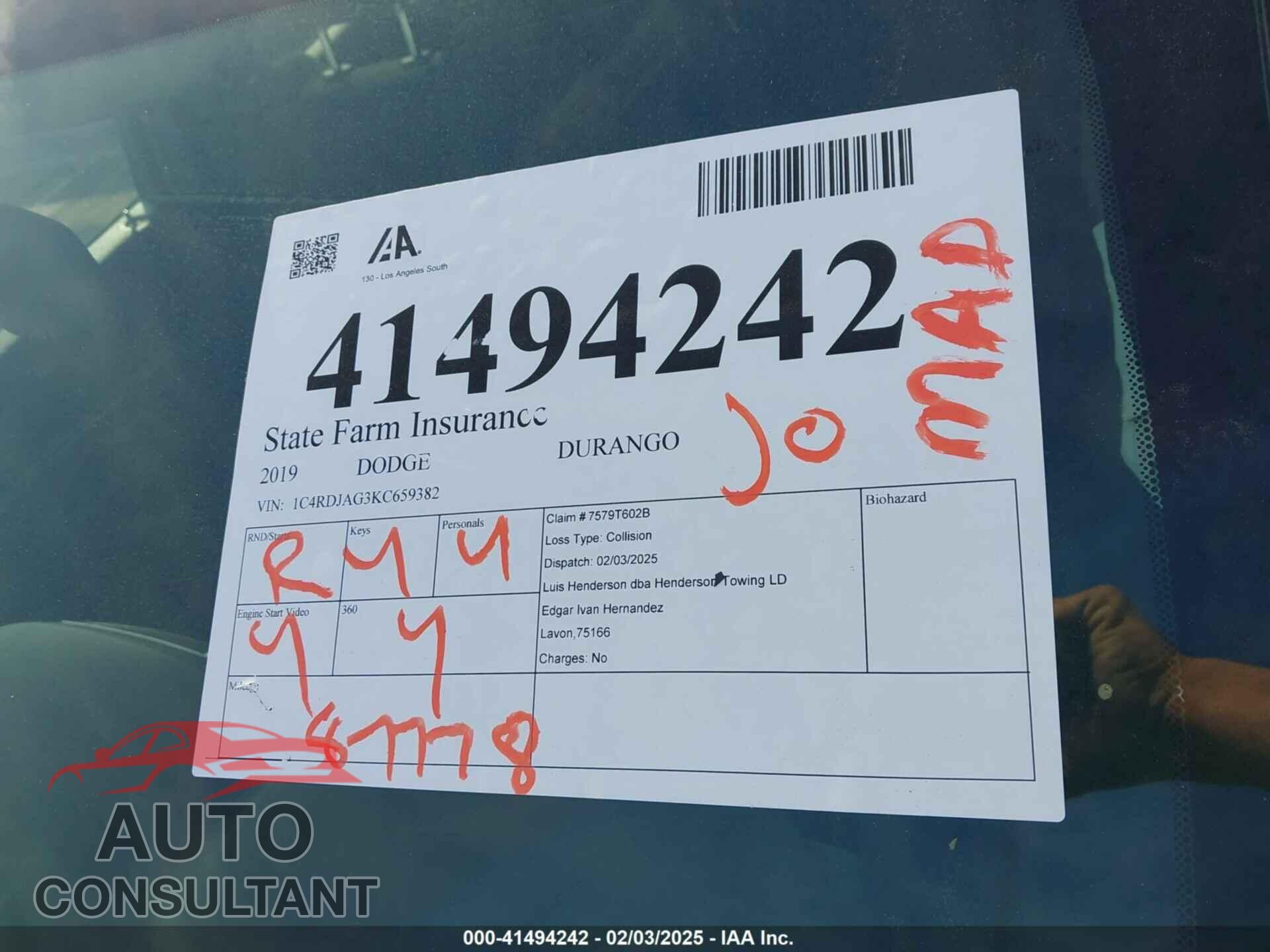 DODGE DURANGO 2019 - 1C4RDJAG3KC659382