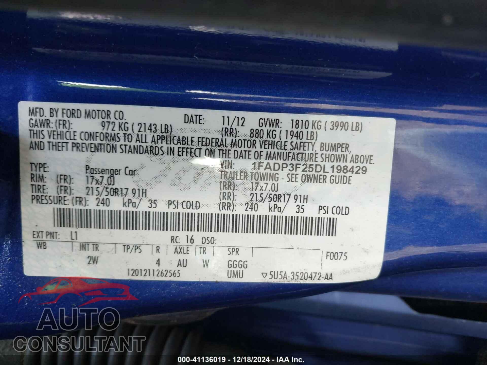 FORD FOCUS 2013 - 1FADP3F25DL198429