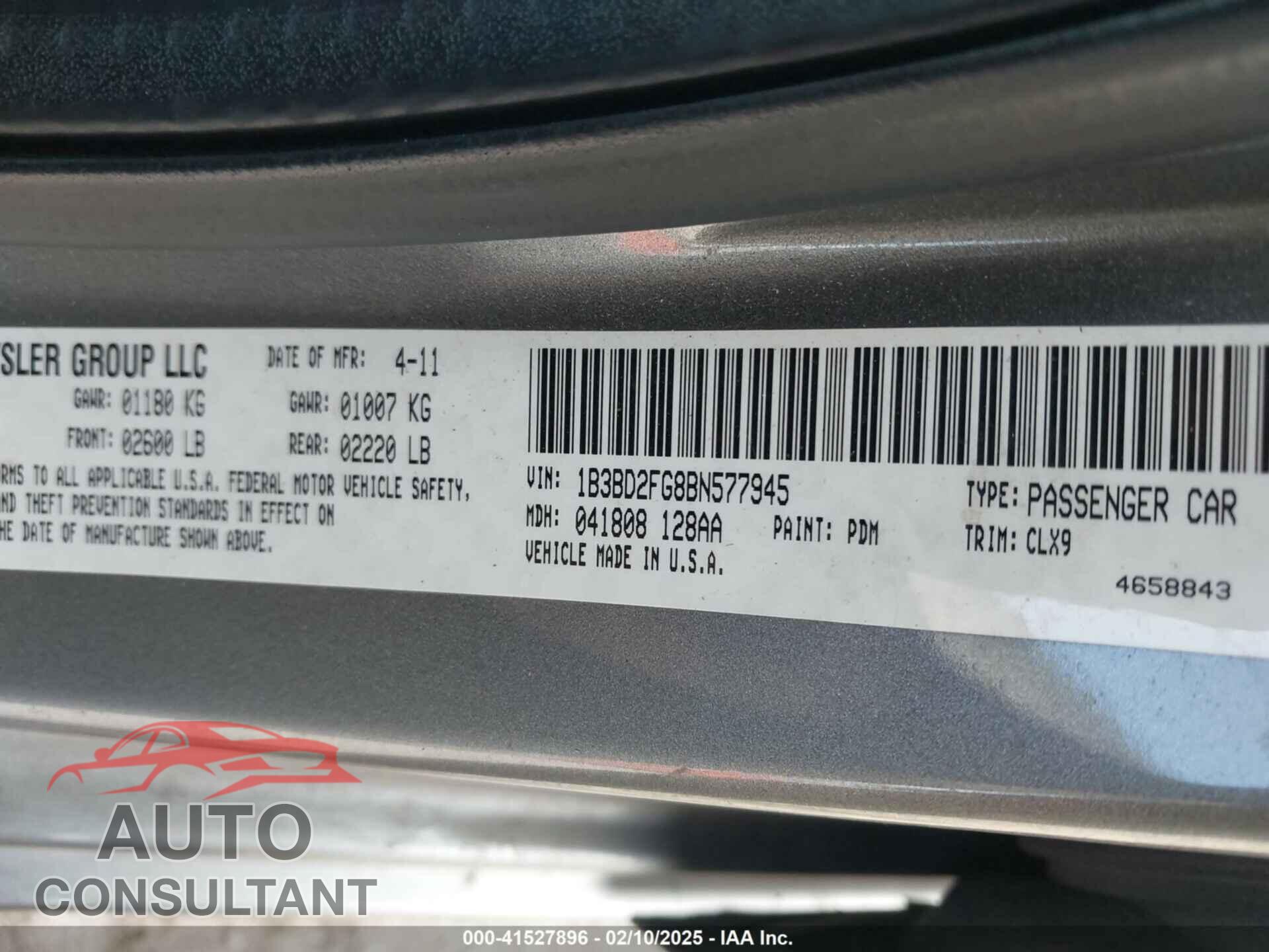 DODGE AVENGER 2011 - 1B3BD2FG8BN577945