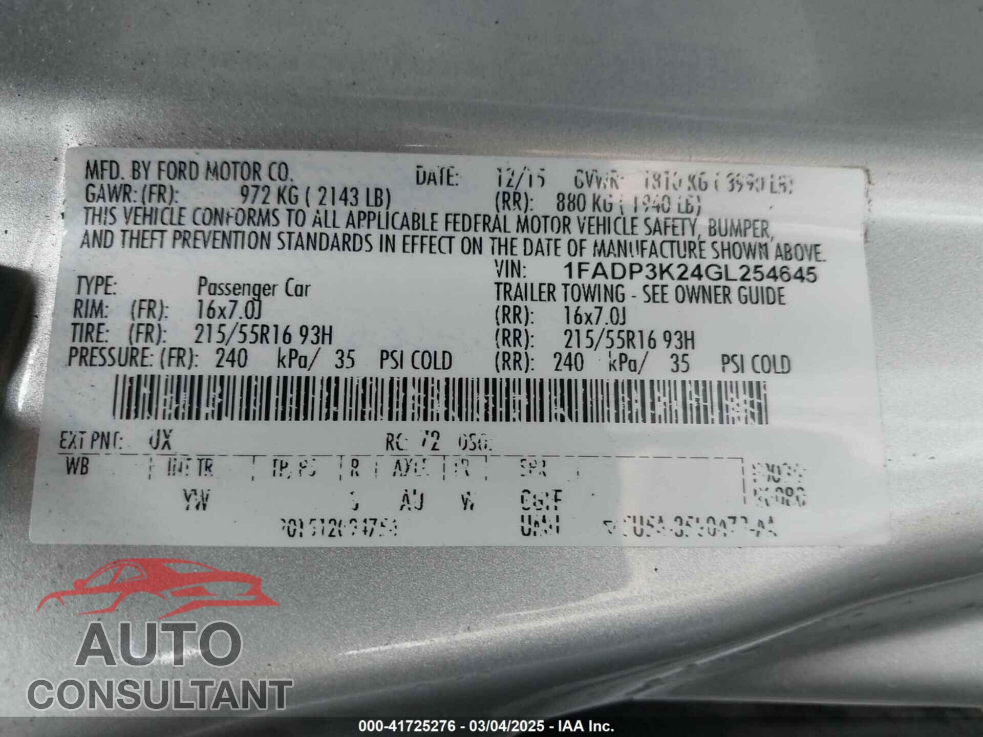 FORD FOCUS 2016 - 1FADP3K24GL254645
