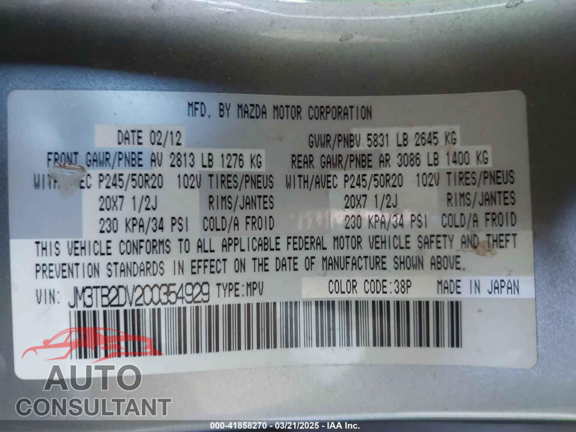 MAZDA CX-9 2012 - JM3TB2DV2C0354929
