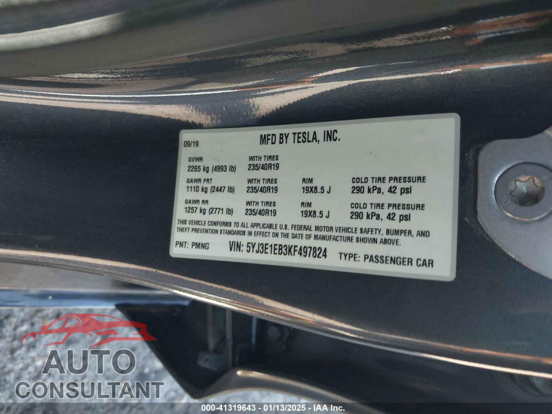 TESLA MODEL 3 2019 - 5YJ3E1EB3KF497824