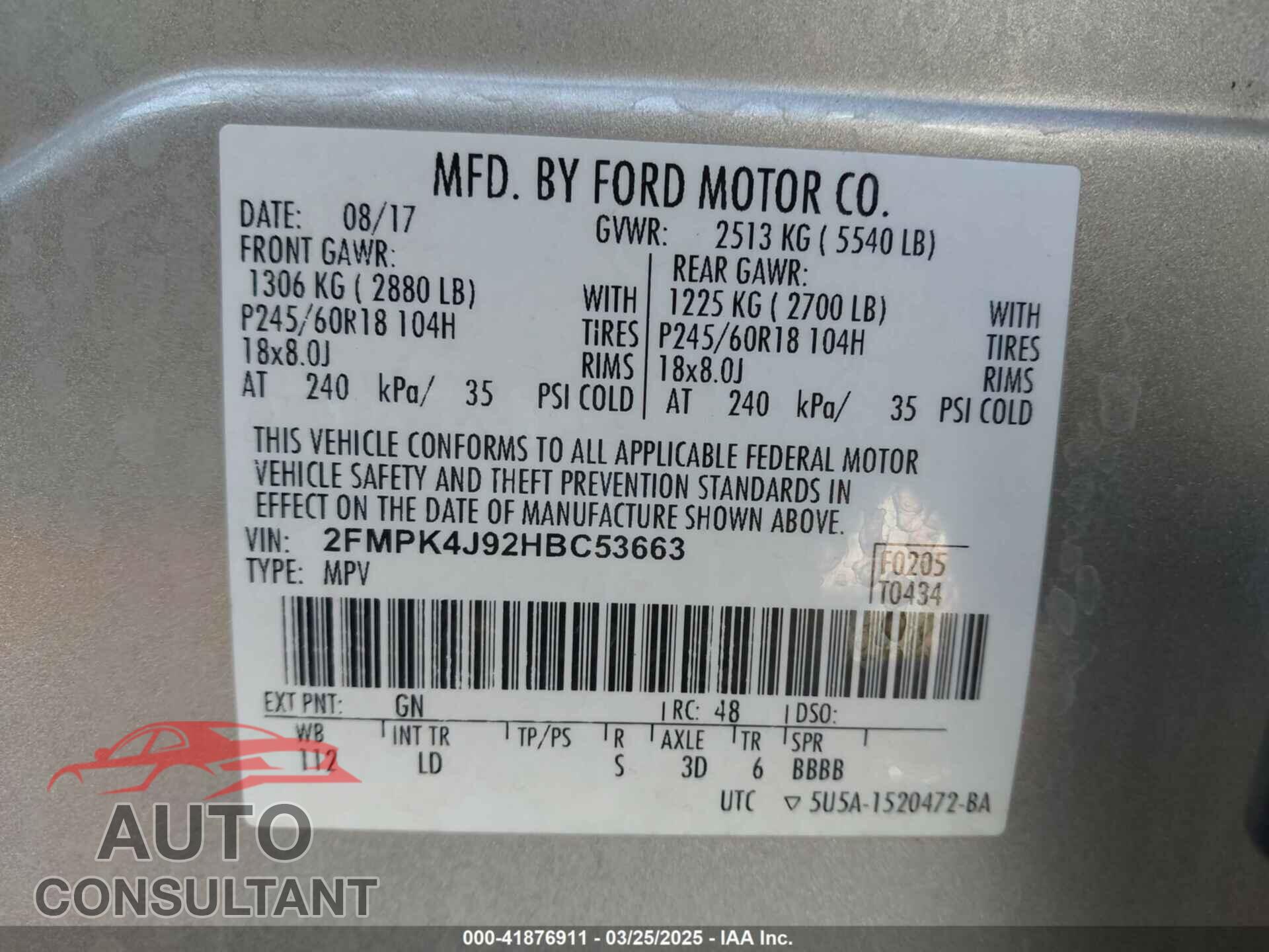 FORD EDGE 2017 - 2FMPK4J92HBC53663