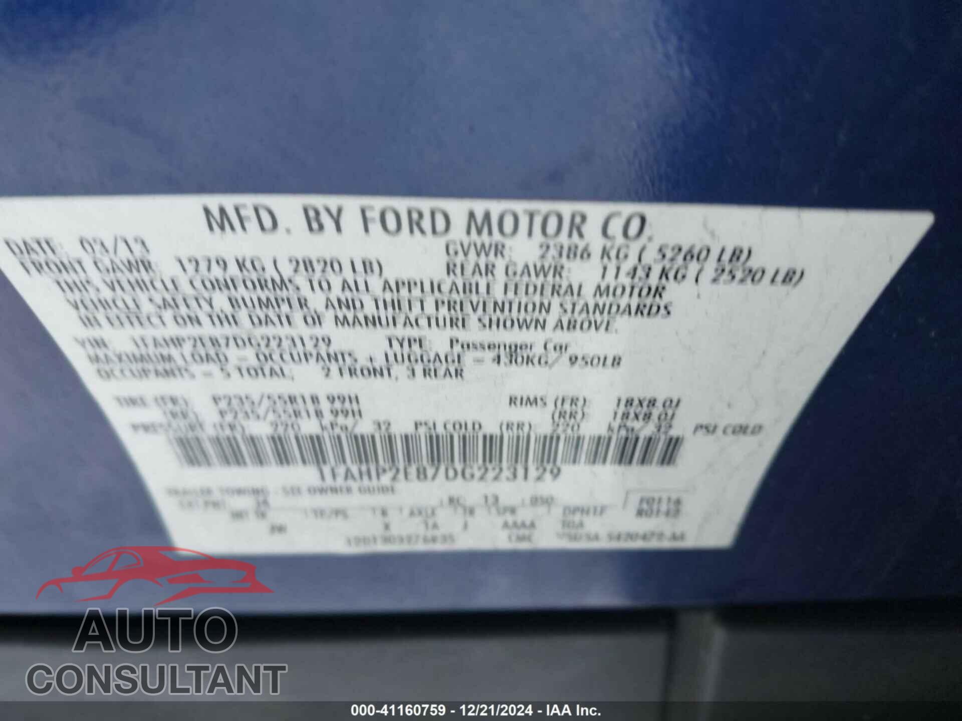 FORD TAURUS 2013 - 1FAHP2E87DG223129