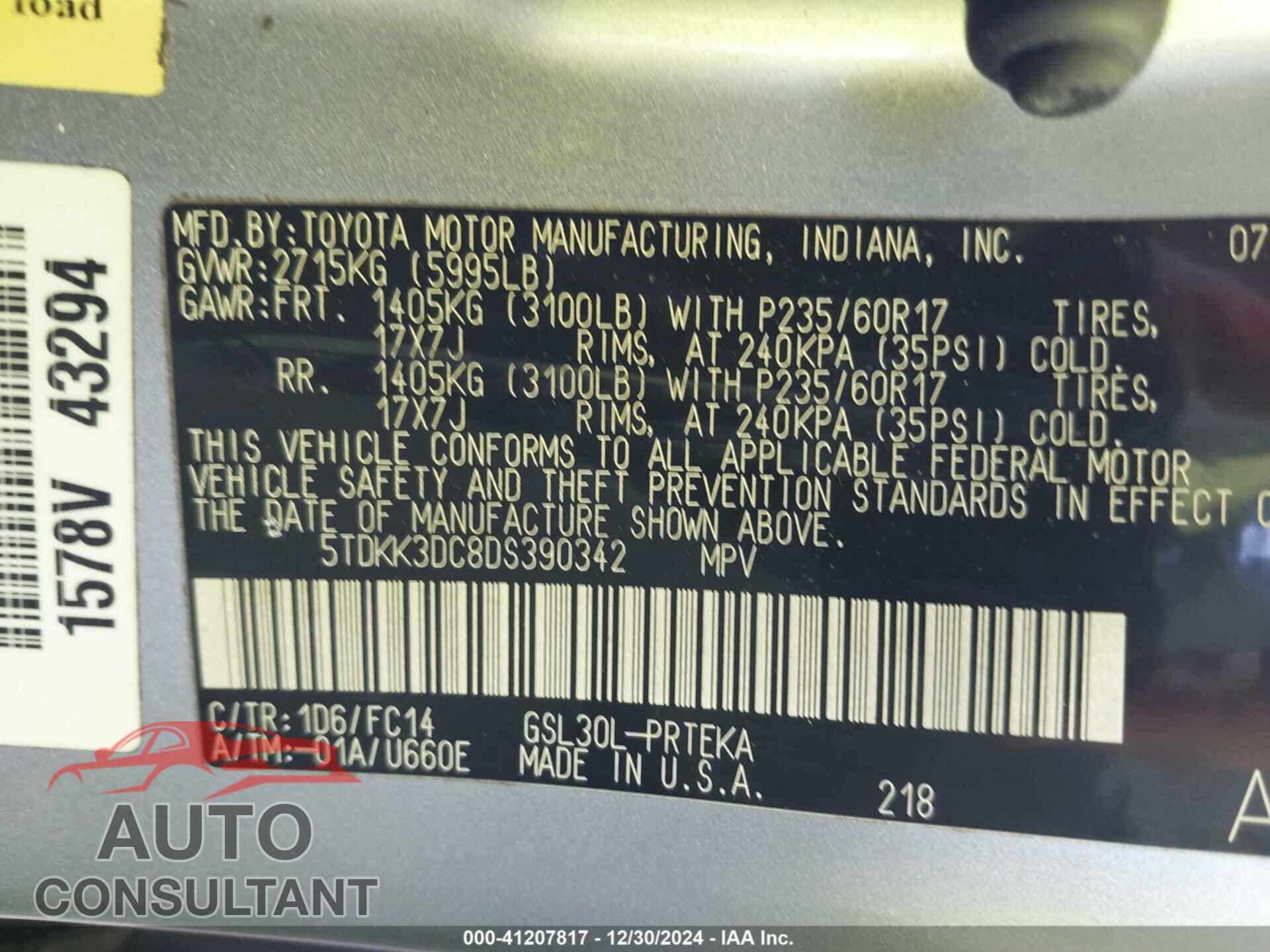 TOYOTA SIENNA 2013 - 5TDKK3DC8DS390342