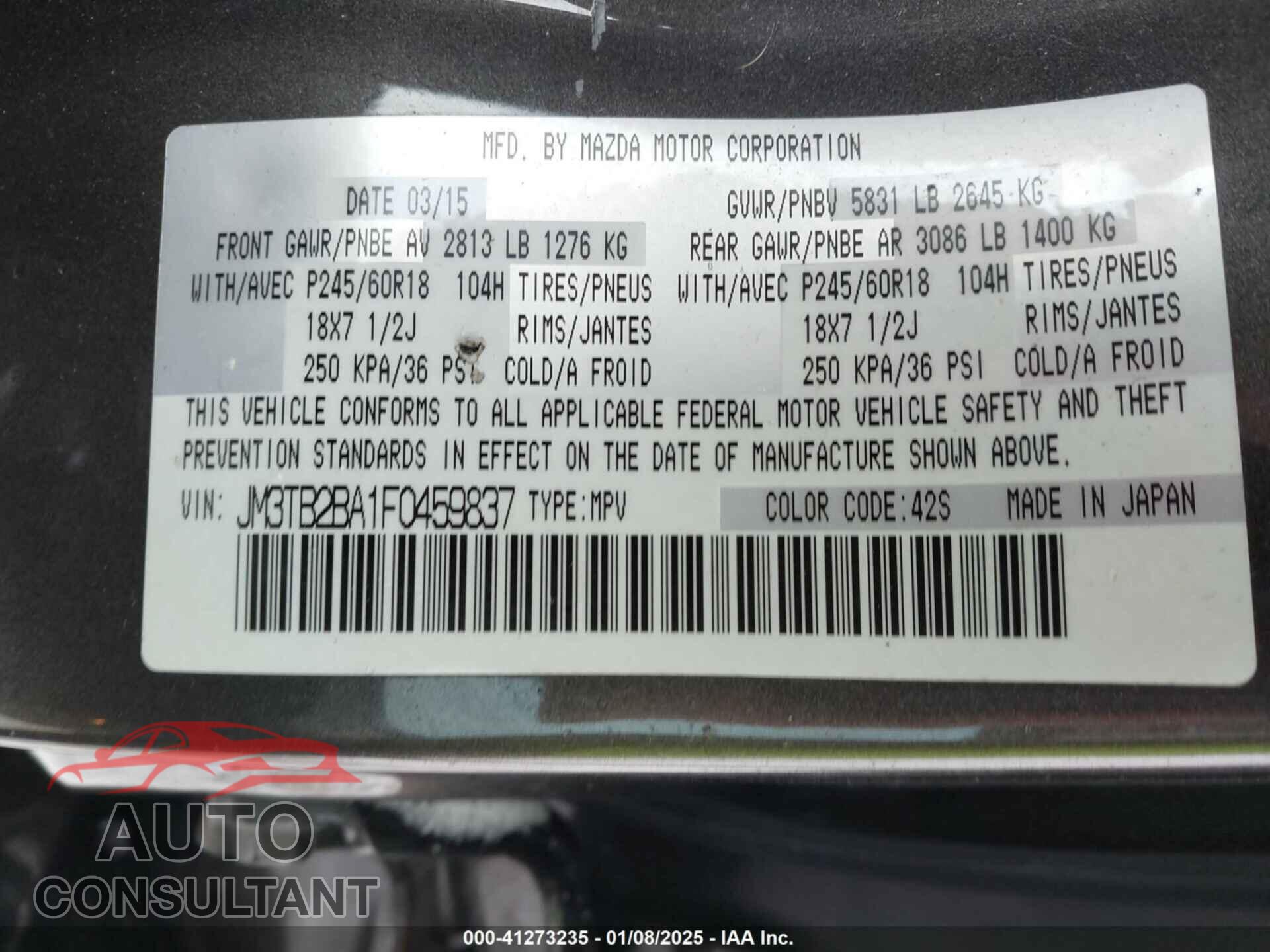 MAZDA CX-9 2015 - JM3TB2BA1F0459837