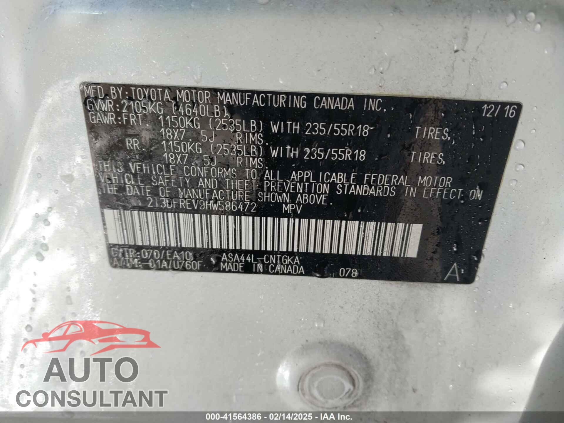 TOYOTA RAV4 2017 - 2T3DFREV9HW586472