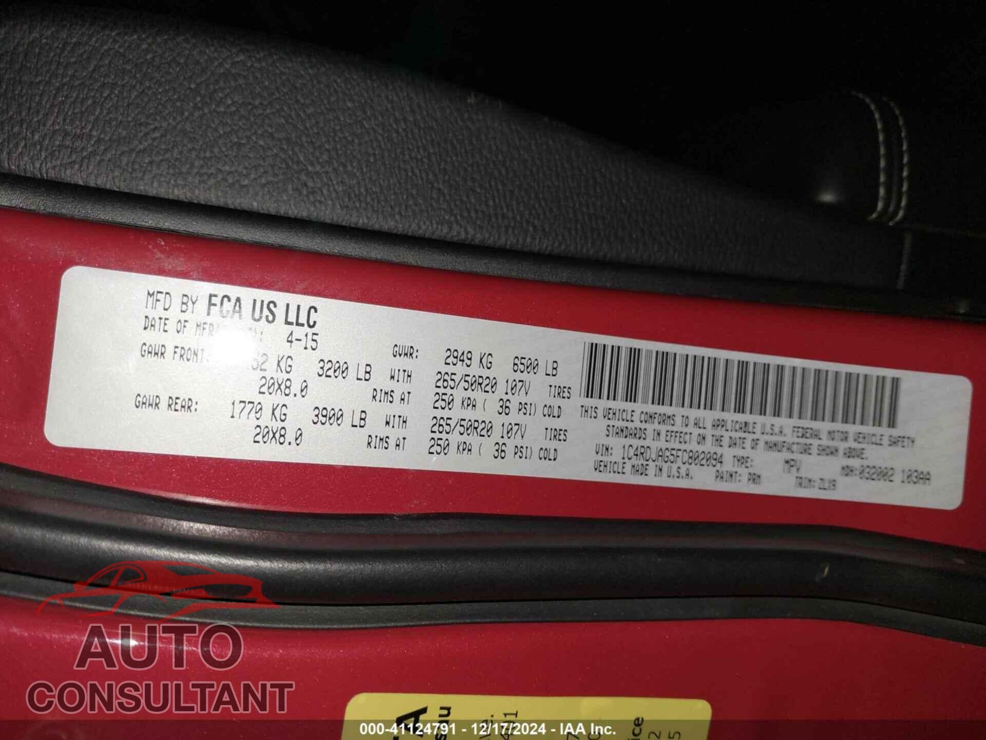 DODGE DURANGO 2015 - 1C4RDJAG5FC802094