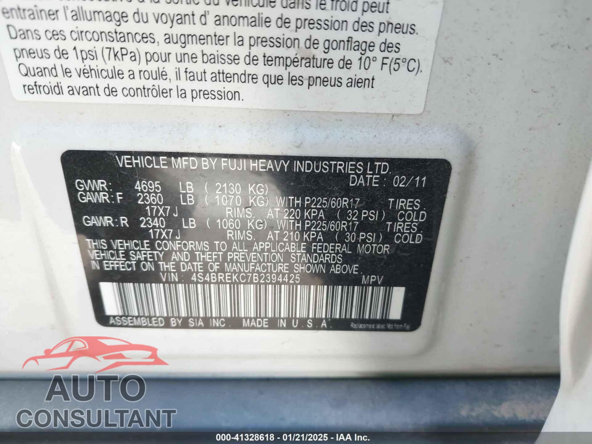 SUBARU OUTBACK 2011 - 4S4BREKC7B2394425