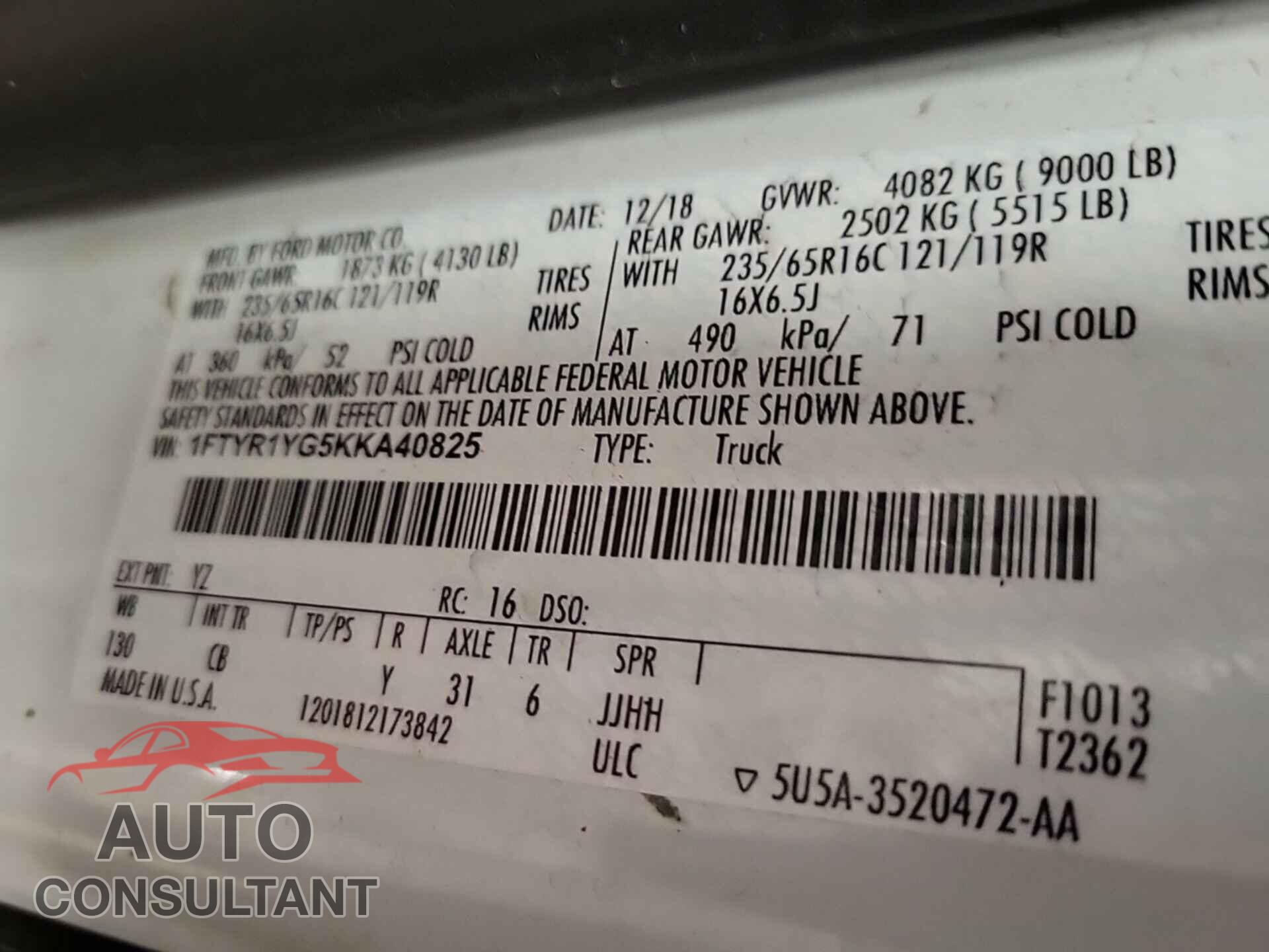 FORD TRANSIT 2019 - 1FTYR1YG5KKA40825