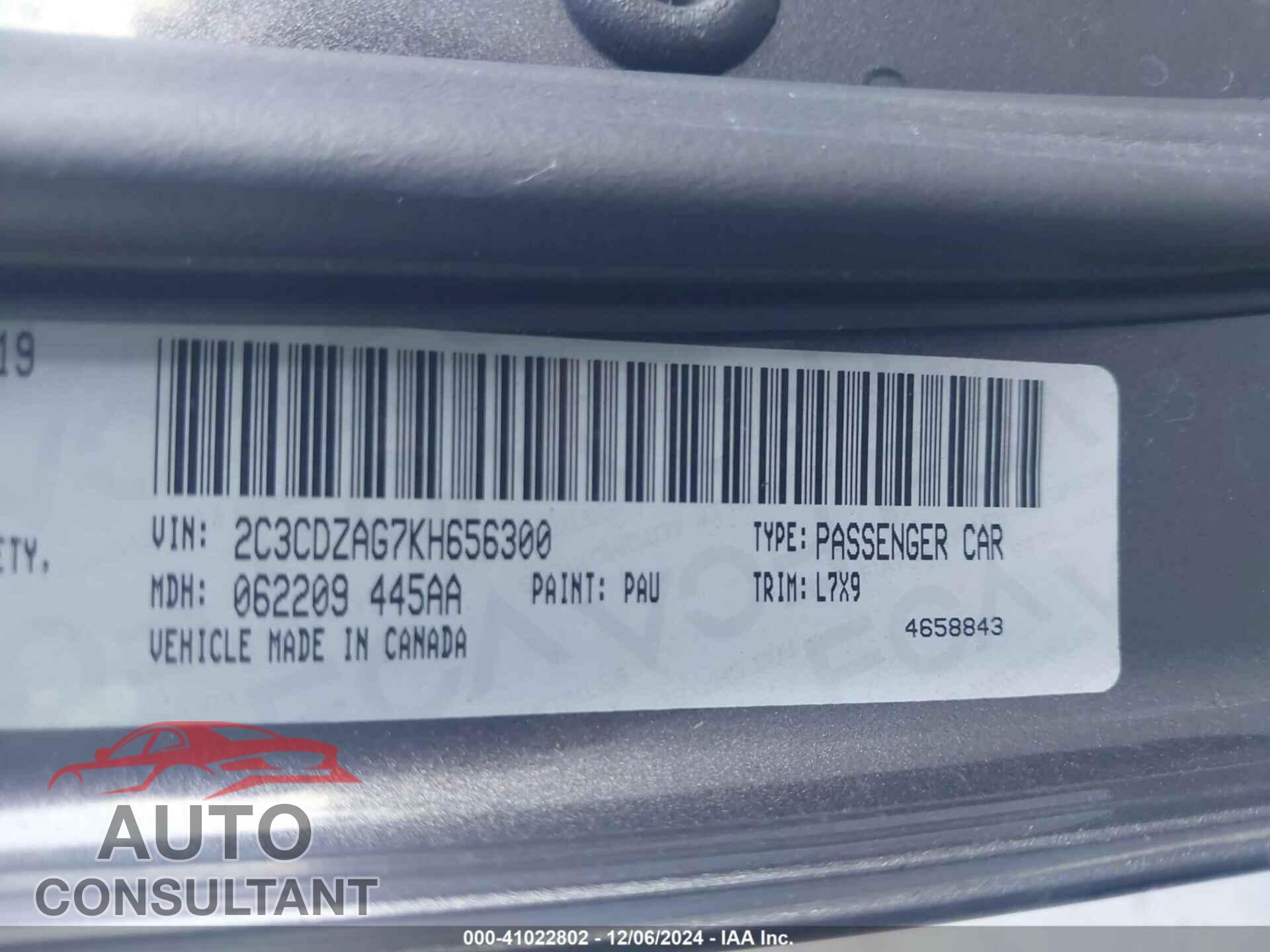DODGE CHALLENGER 2019 - 2C3CDZAG7KH656300