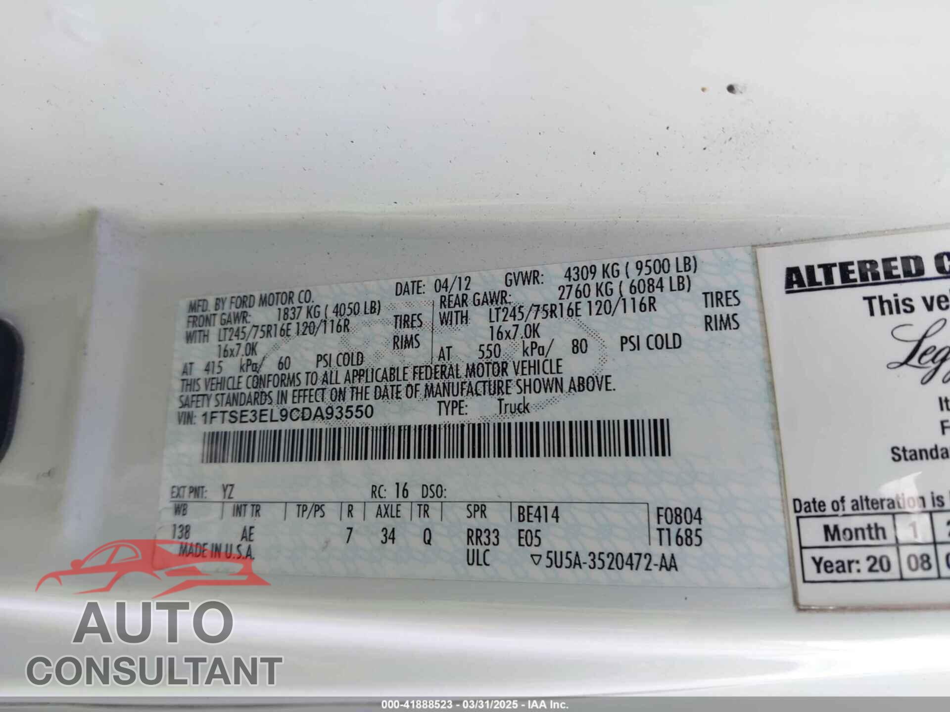 FORD E-350 SUPER DUTY 2012 - 1FTSE3EL9CDA93550