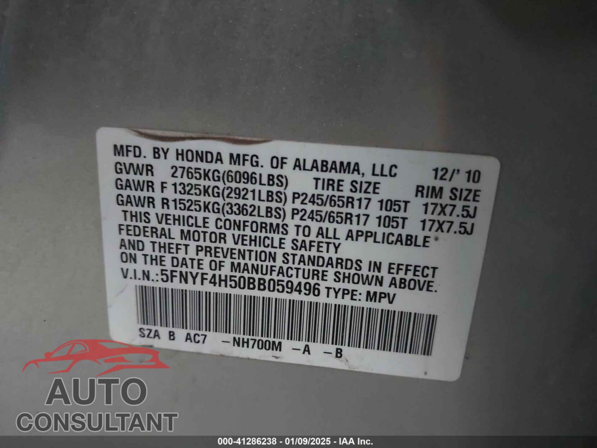 HONDA PILOT 2011 - 5FNYF4H50BB059496
