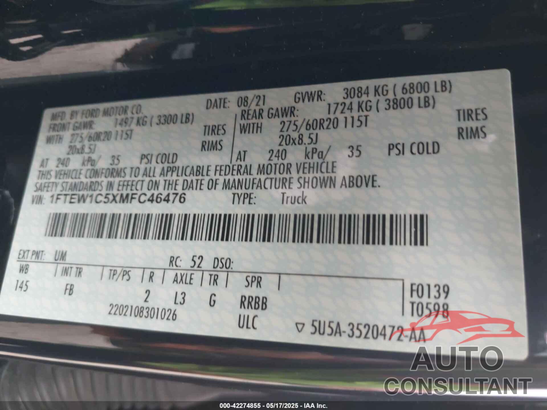 FORD F-150 2021 - 1FTEW1C5XMFC46476