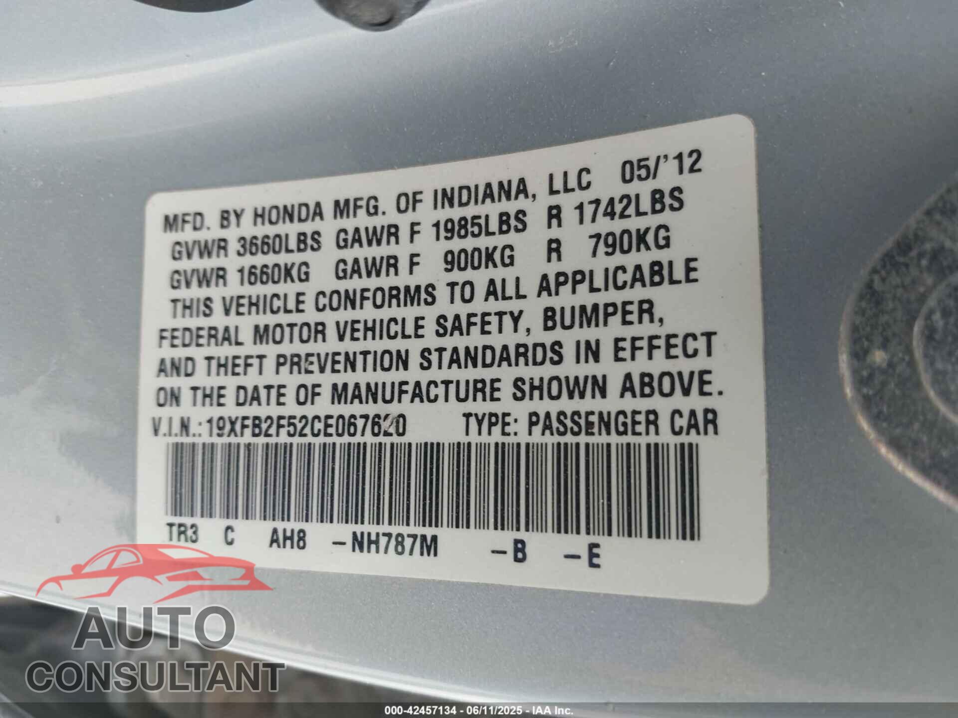 HONDA CIVIC 2012 - 19XFB2F52CE067620