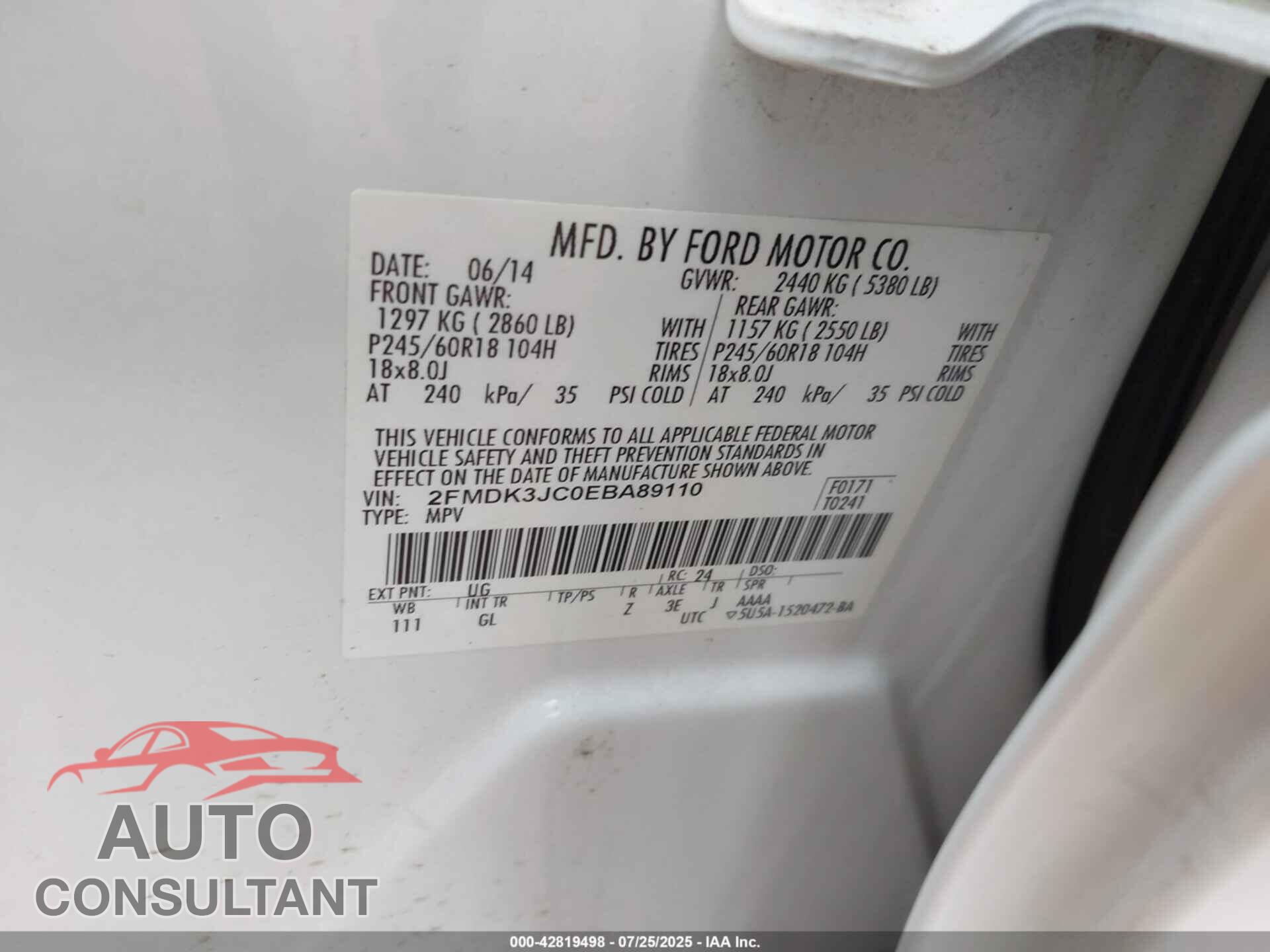 FORD EDGE 2014 - 2FMDK3JC0EBA89110