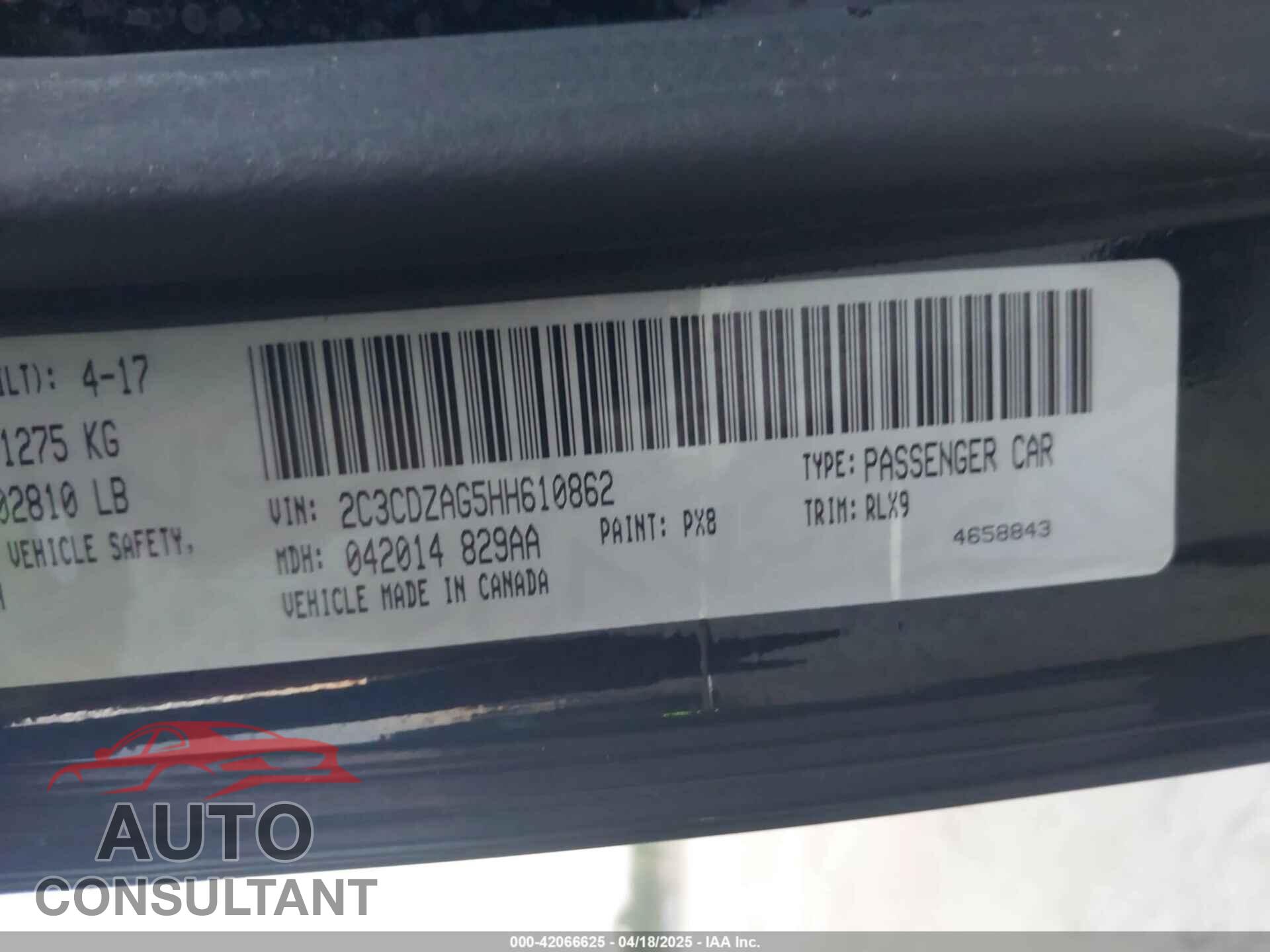 DODGE CHALLENGER 2017 - 2C3CDZAG5HH610862