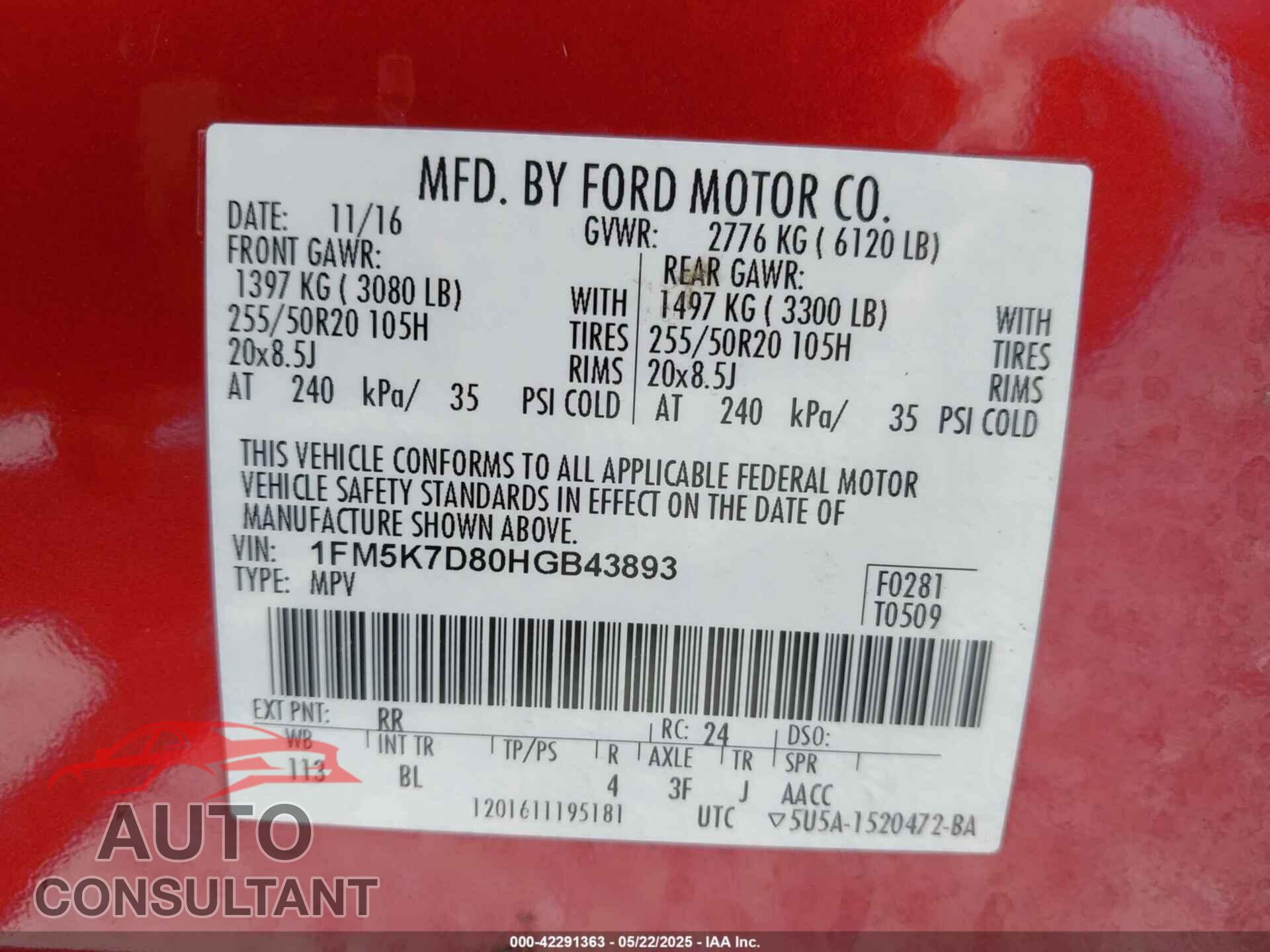 FORD EXPLORER 2017 - 1FM5K7D80HGB43893