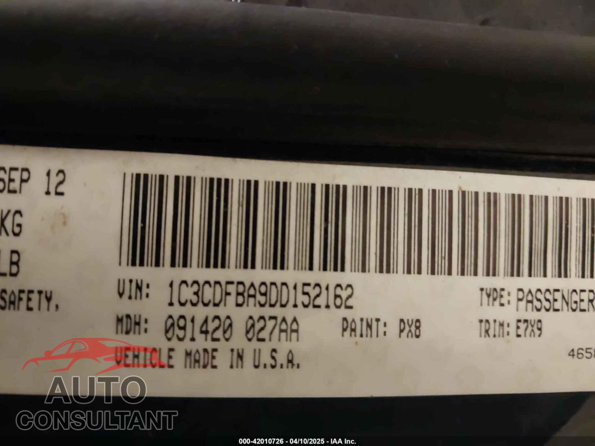 DODGE DART 2013 - 1C3CDFBA9DD152162