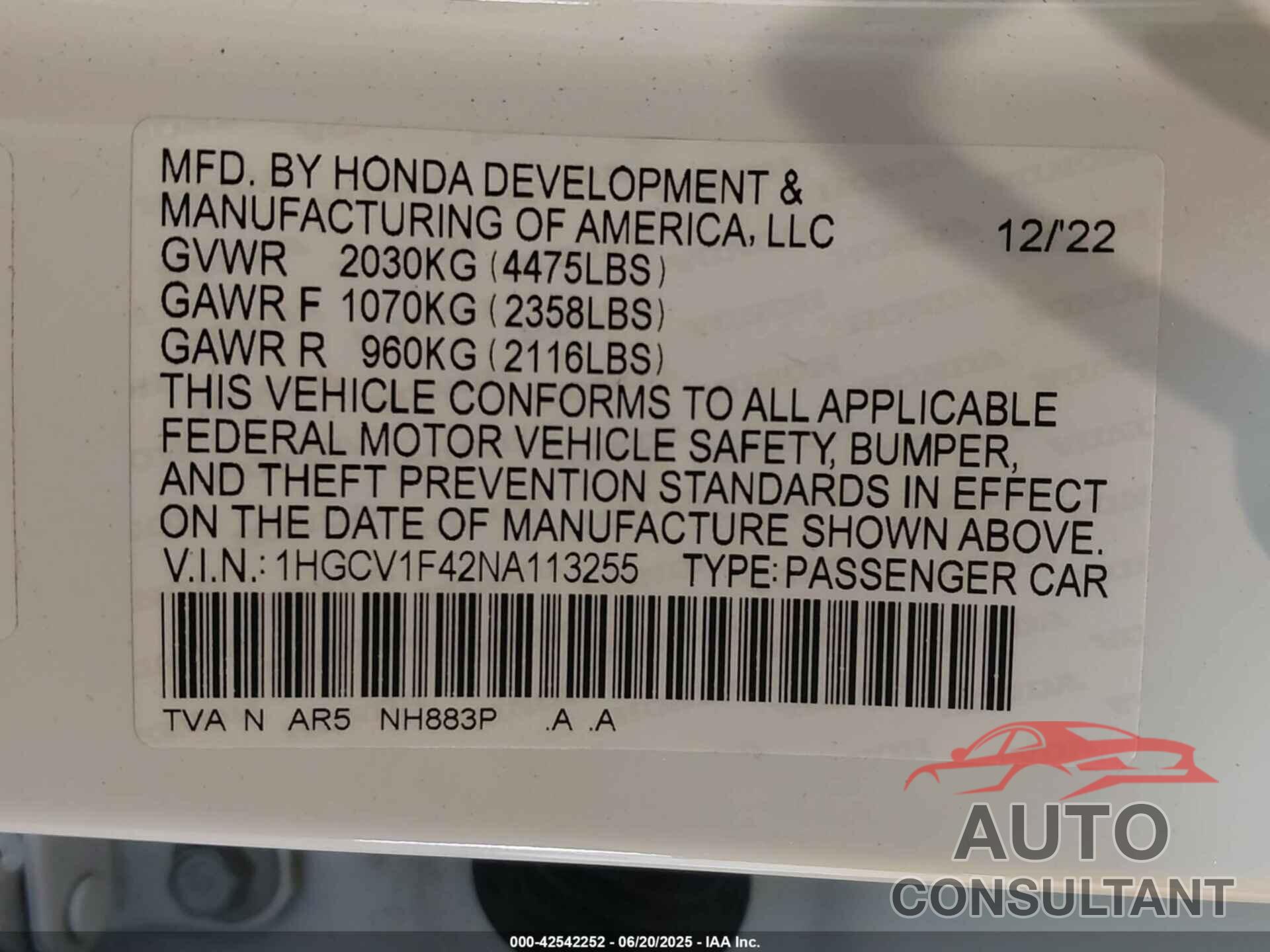 HONDA ACCORD 2022 - 1HGCV1F42NA113255