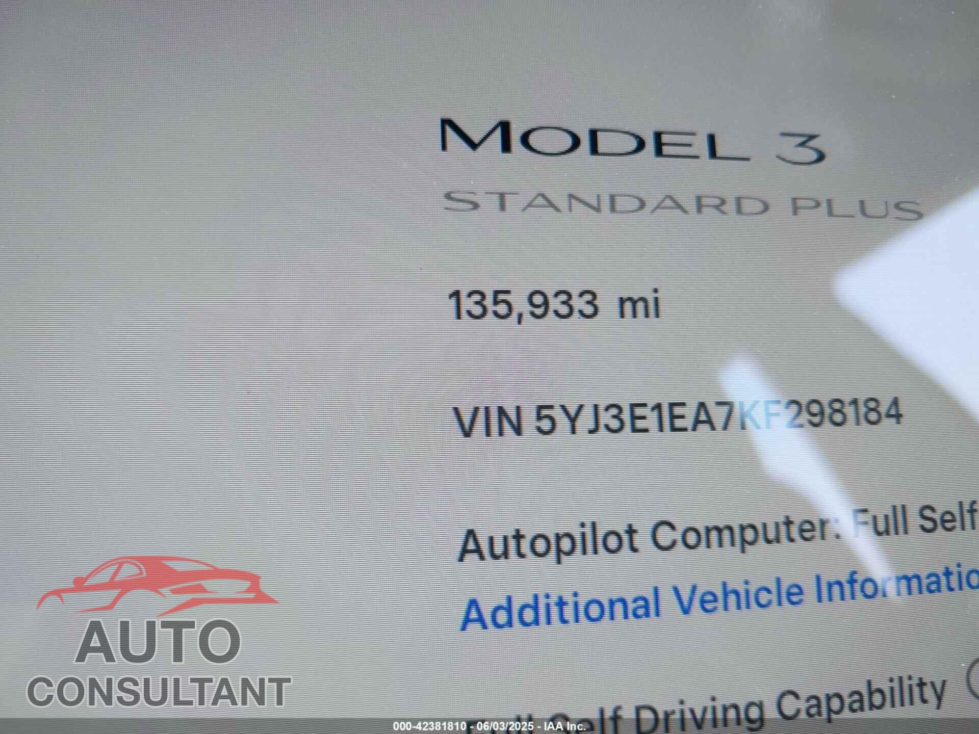 TESLA MODEL 3 2019 - 5YJ3E1EA7KF298184