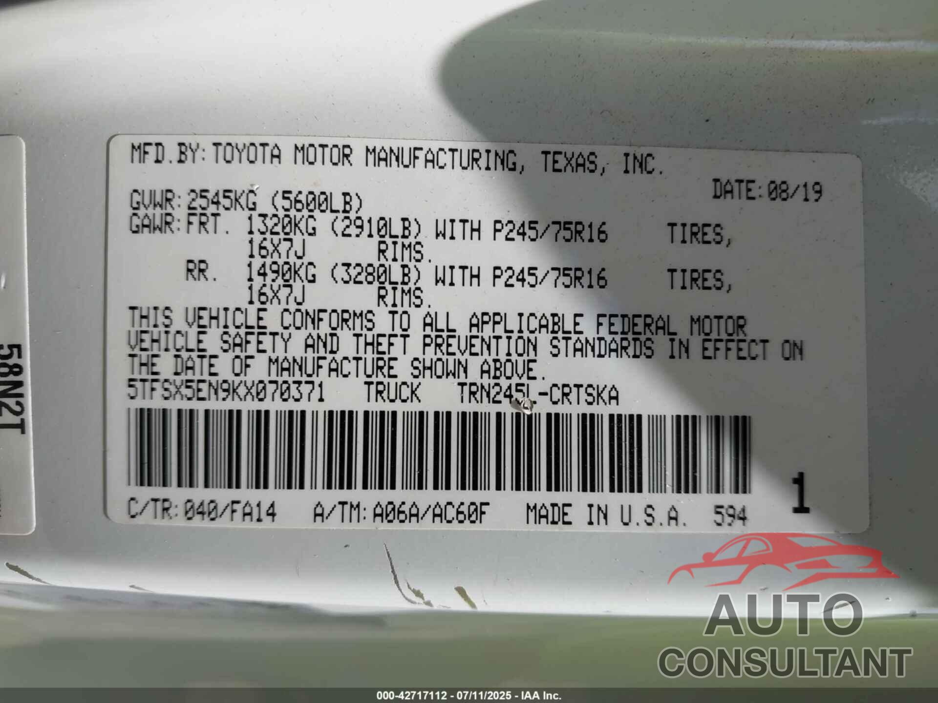 TOYOTA TACOMA 2019 - 5TFSX5EN9KX070371