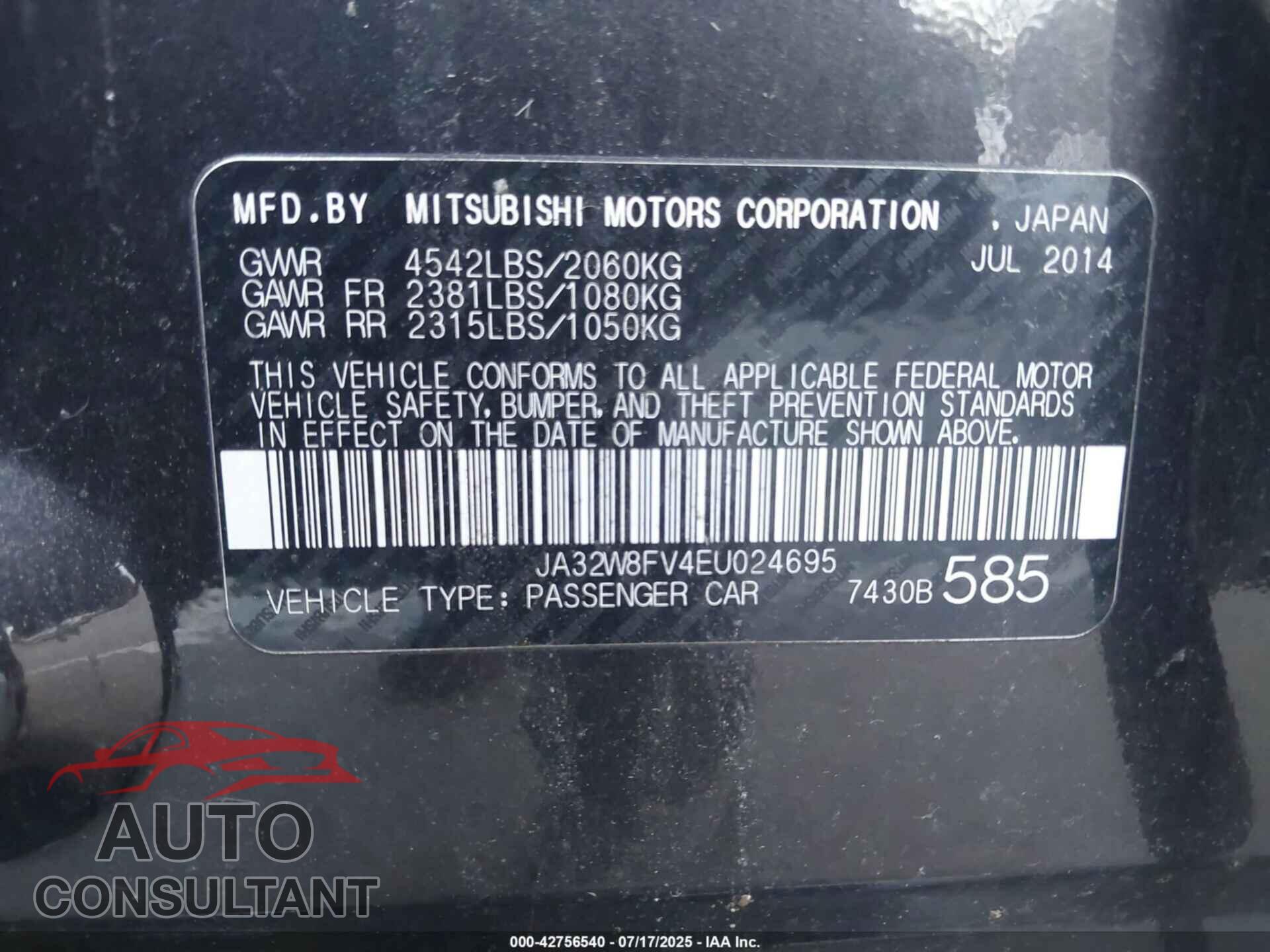 MITSUBISHI LANCER EVOLUTION 2014 - JA32W8FV4EU024695