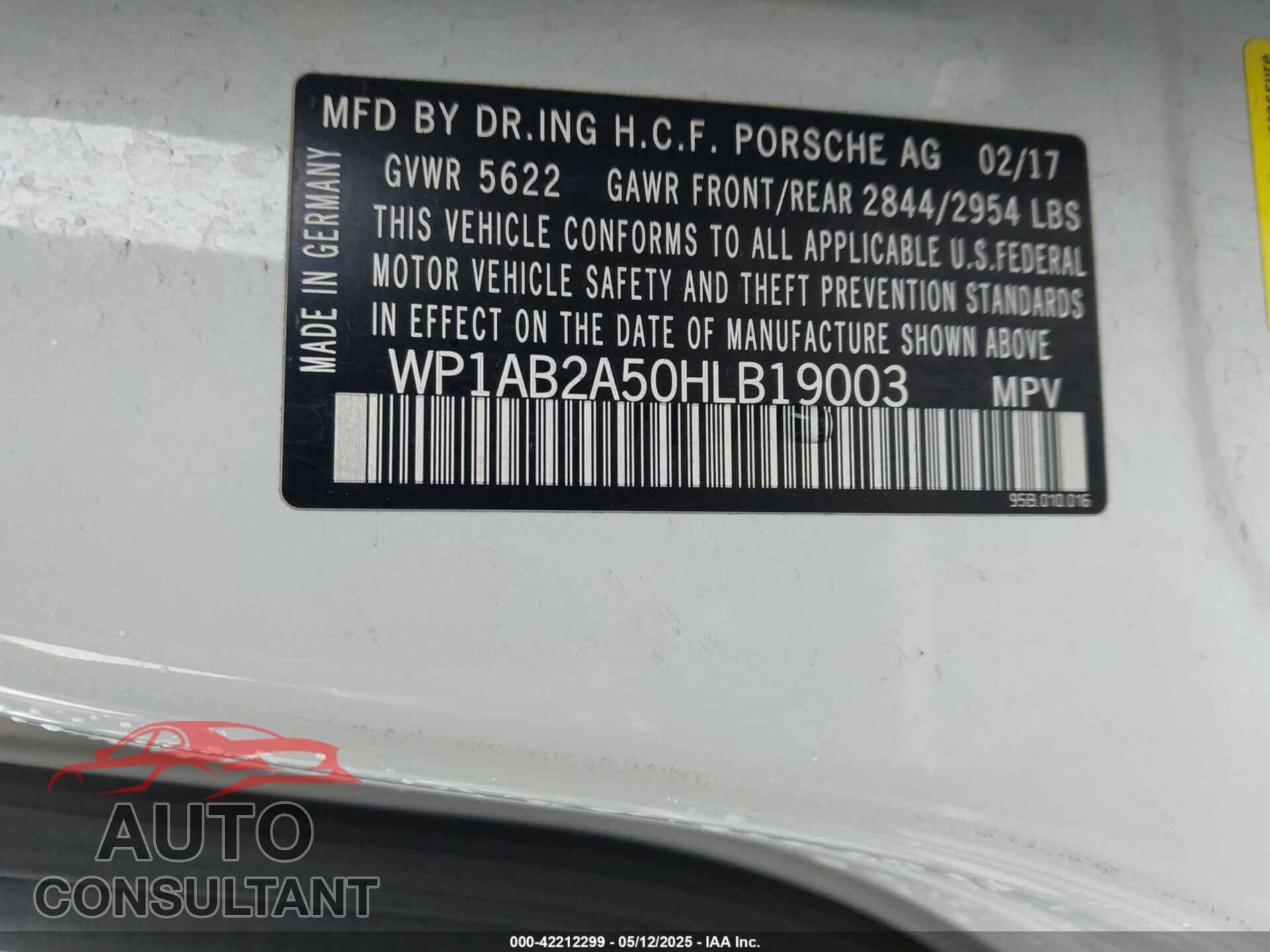PORSCHE MACAN 2017 - WP1AB2A50HLB19003