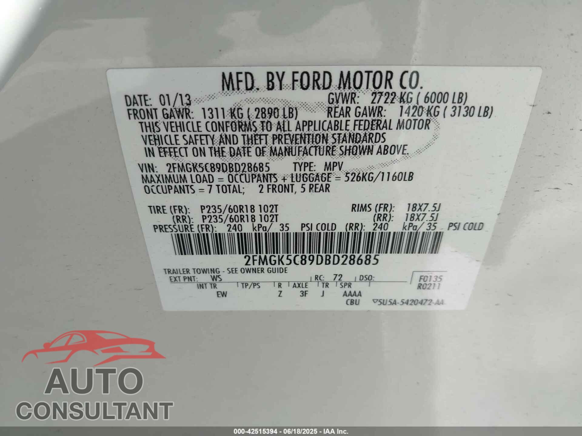 FORD FLEX 2013 - 2FMGK5C89DBD28685