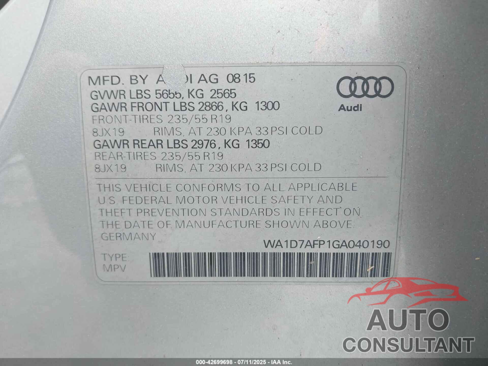 AUDI Q5 2016 - WA1D7AFP1GA040190