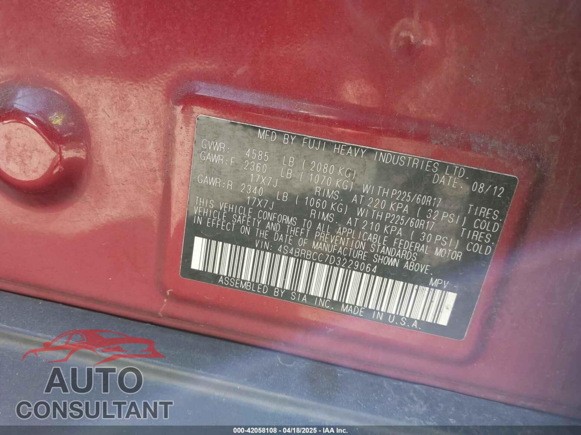SUBARU OUTBACK 2013 - 4S4BRBCC7D3229064