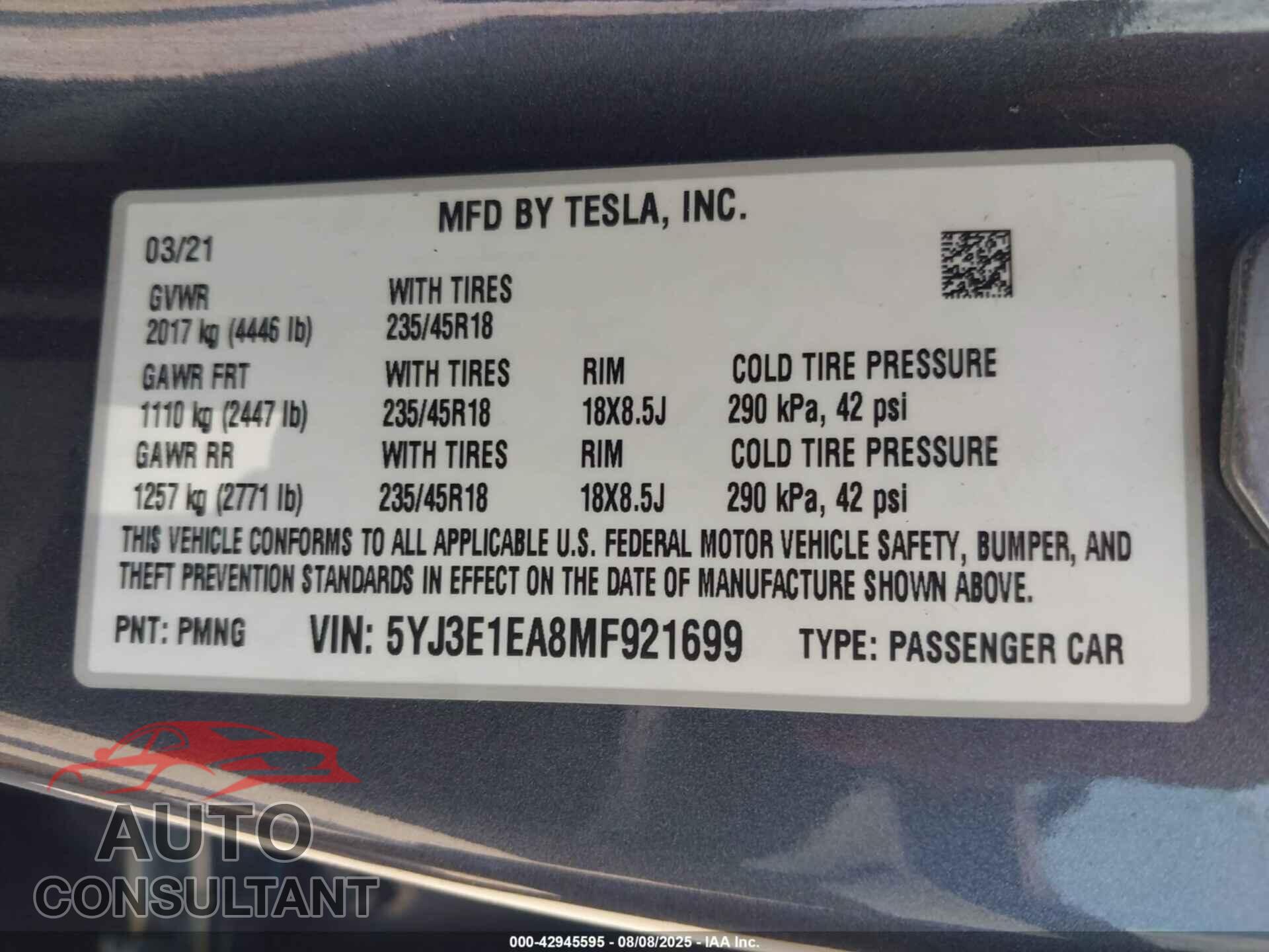 TESLA MODEL 3 2021 - 5YJ3E1EA8MF921699