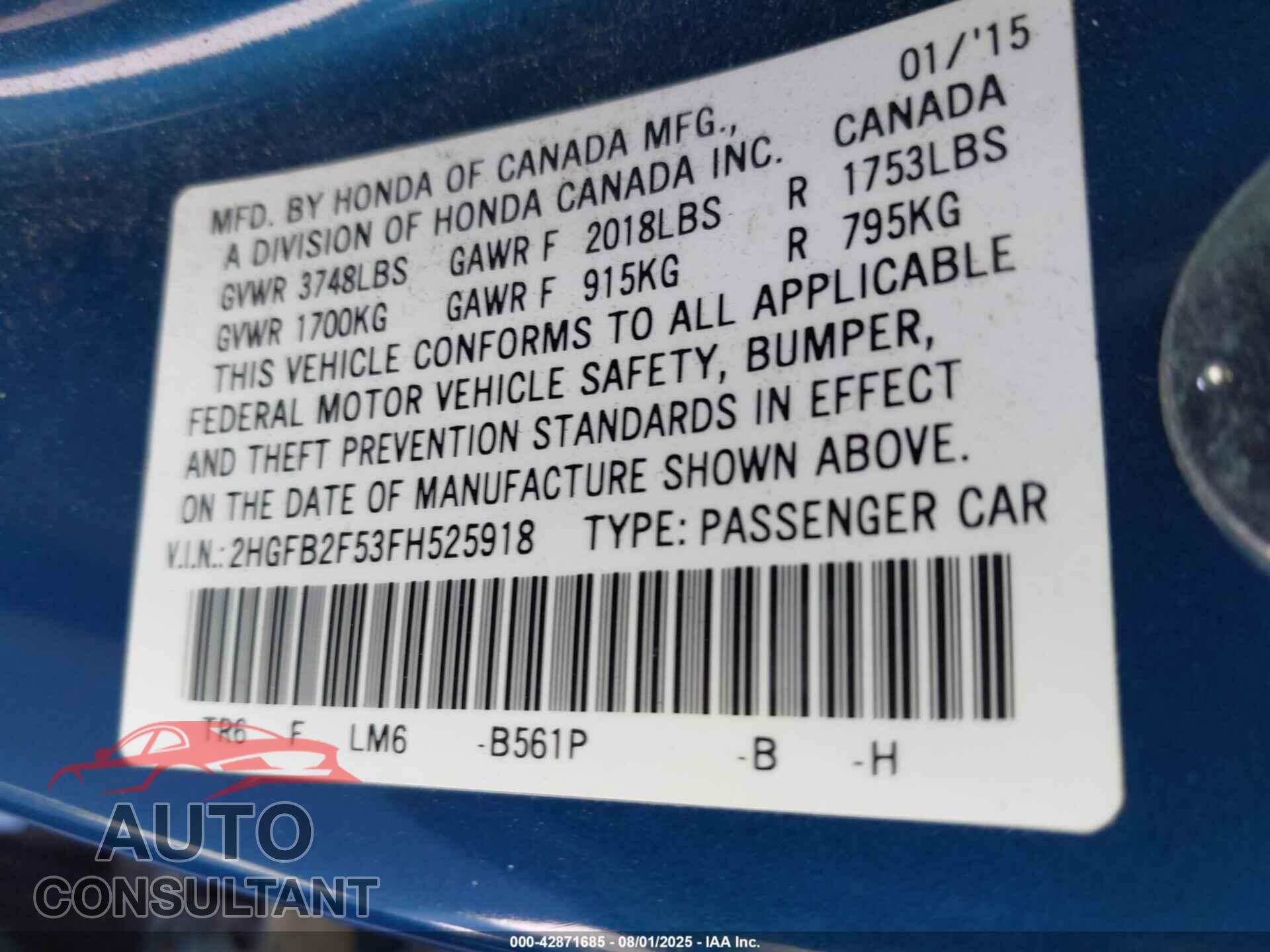 HONDA CIVIC 2015 - 2HGFB2F53FH525918