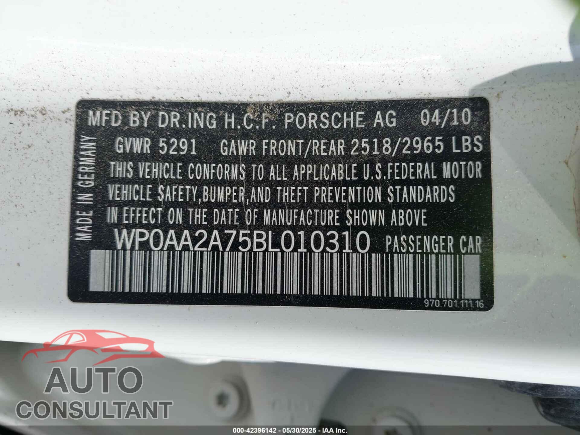 PORSCHE PANAMERA 2011 - WP0AA2A75BL010310