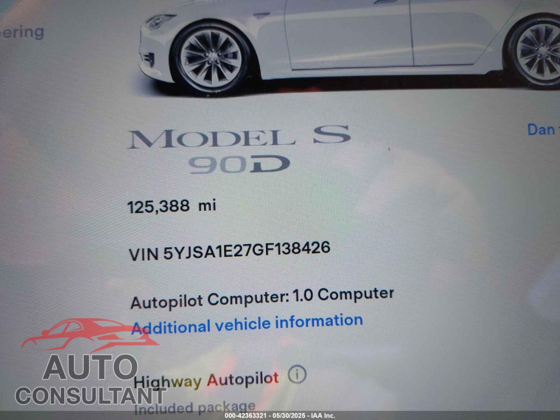 TESLA MODEL S 2016 - 5YJSA1E27GF138426