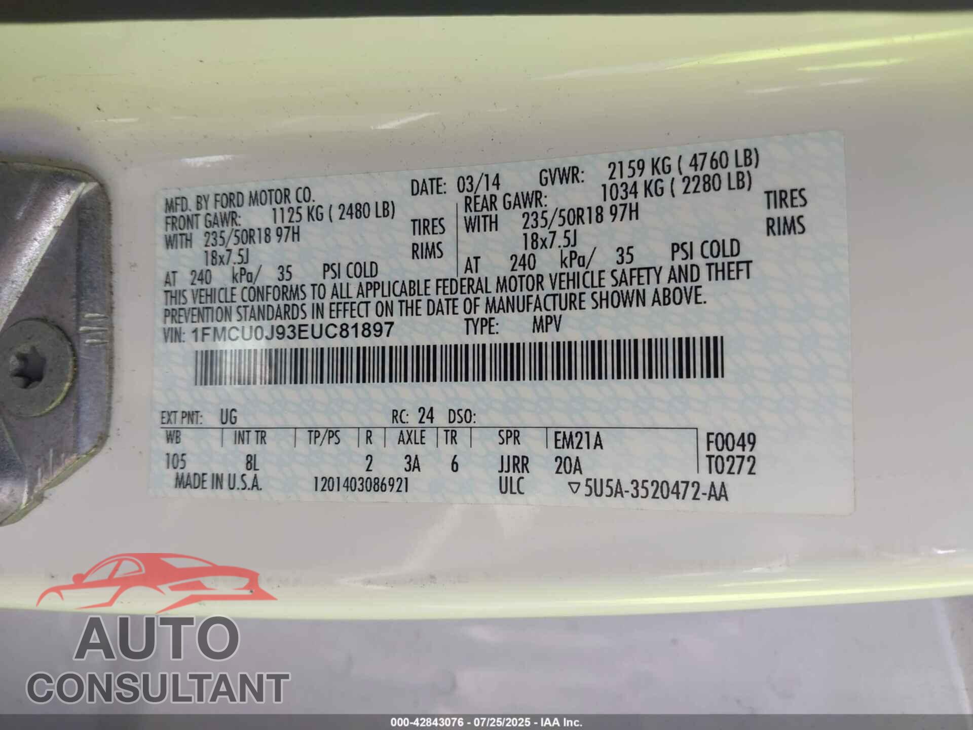 FORD ESCAPE 2014 - 1FMCU0J93EUC81897