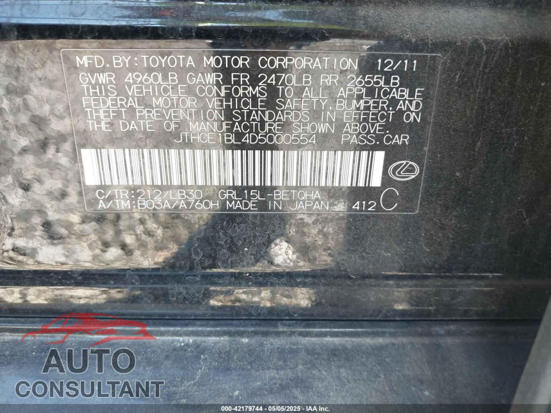 LEXUS GS 350 2013 - JTHCE1BL4D5000554