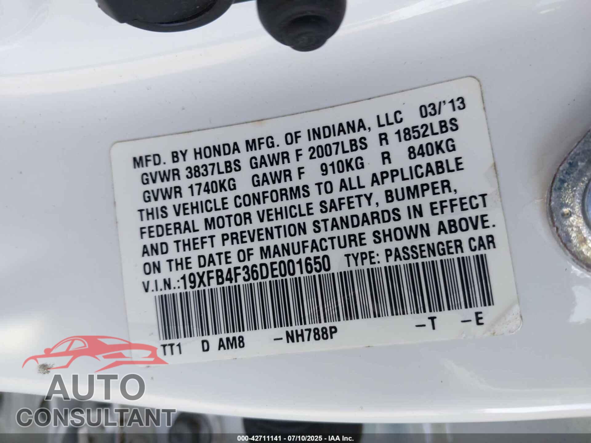 HONDA CIVIC 2013 - 19XFB4F36DE001650