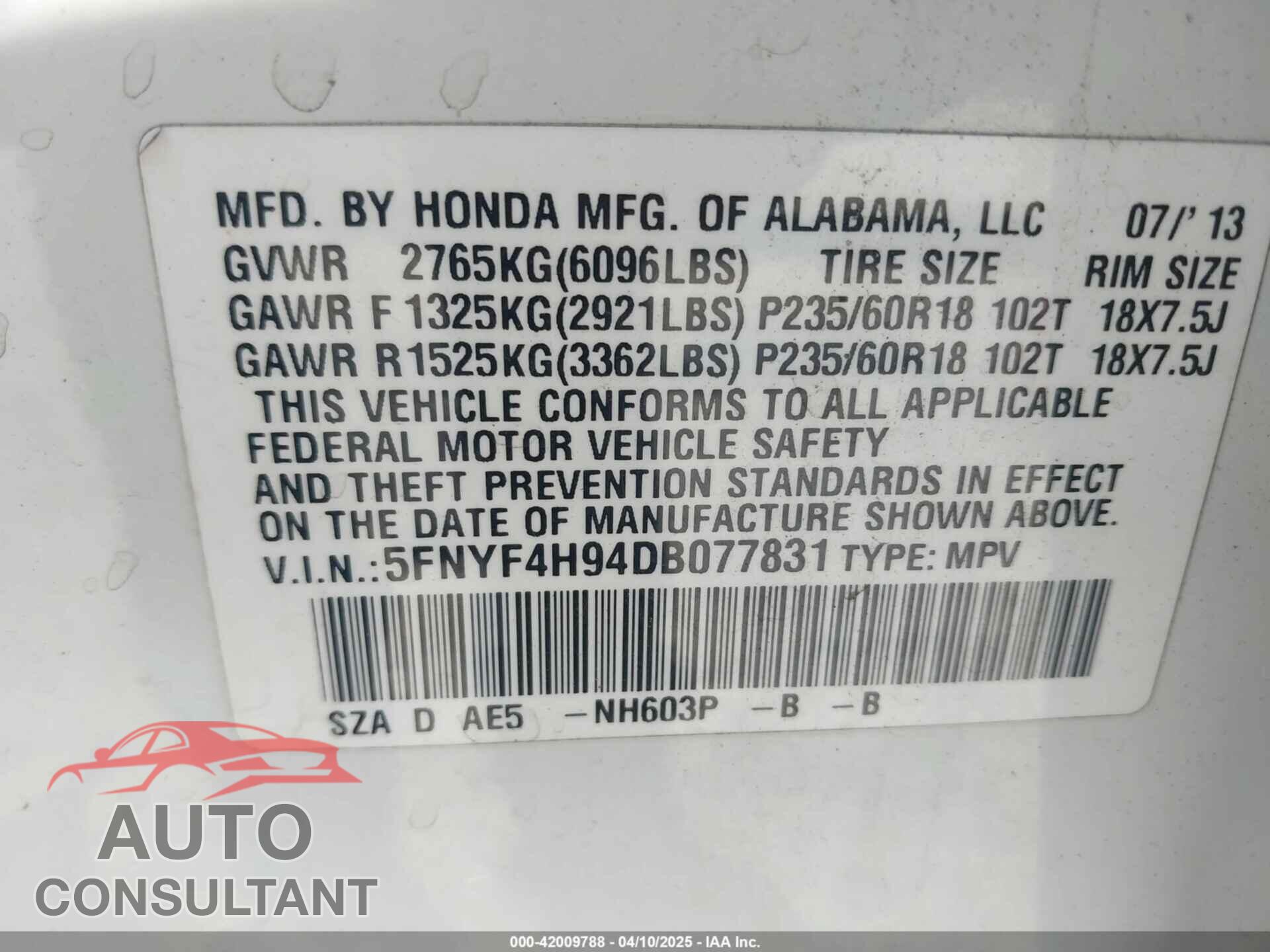 HONDA PILOT 2013 - 5FNYF4H94DB077831