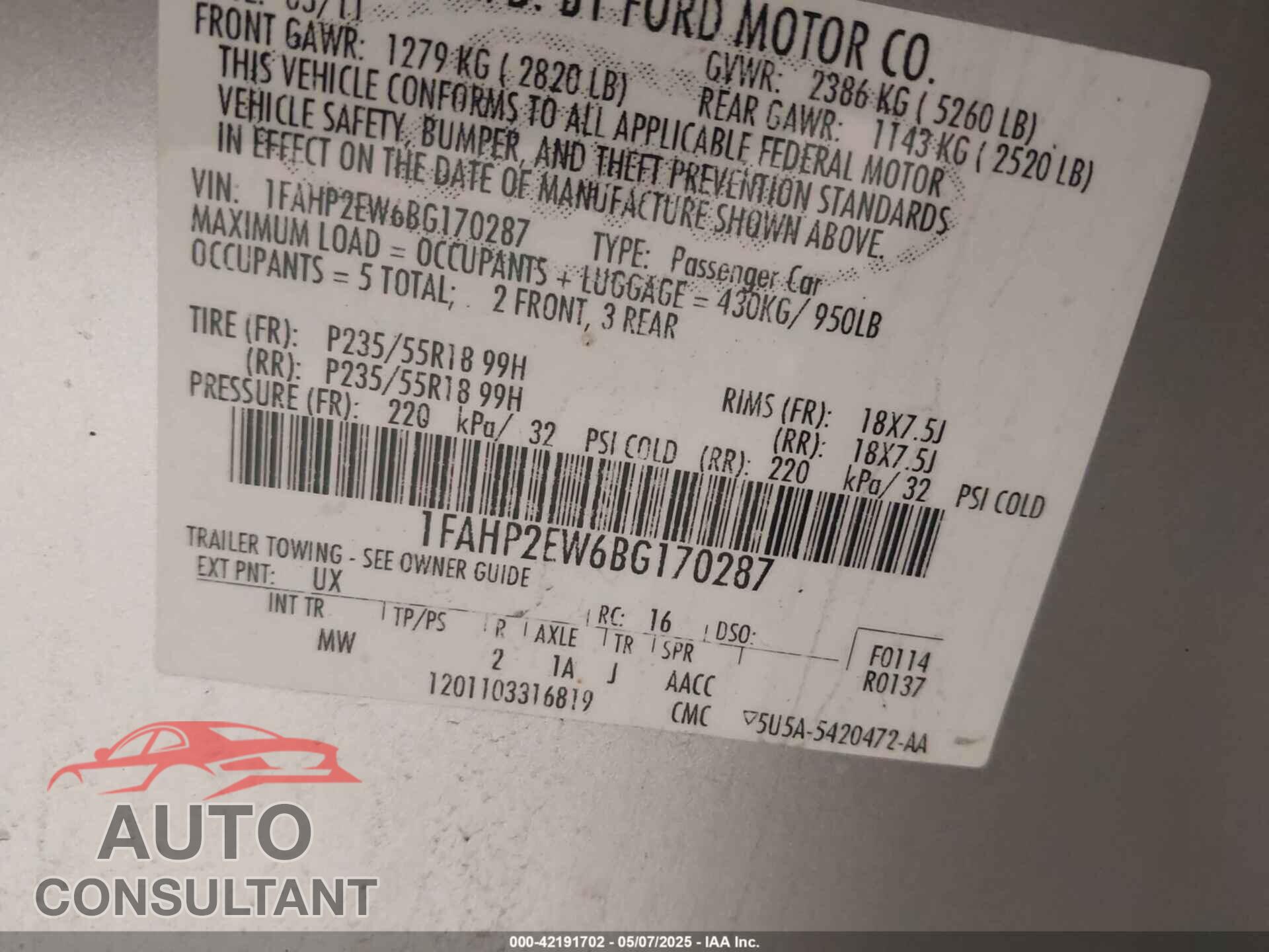 FORD TAURUS 2011 - 1FAHP2EW6BG170287