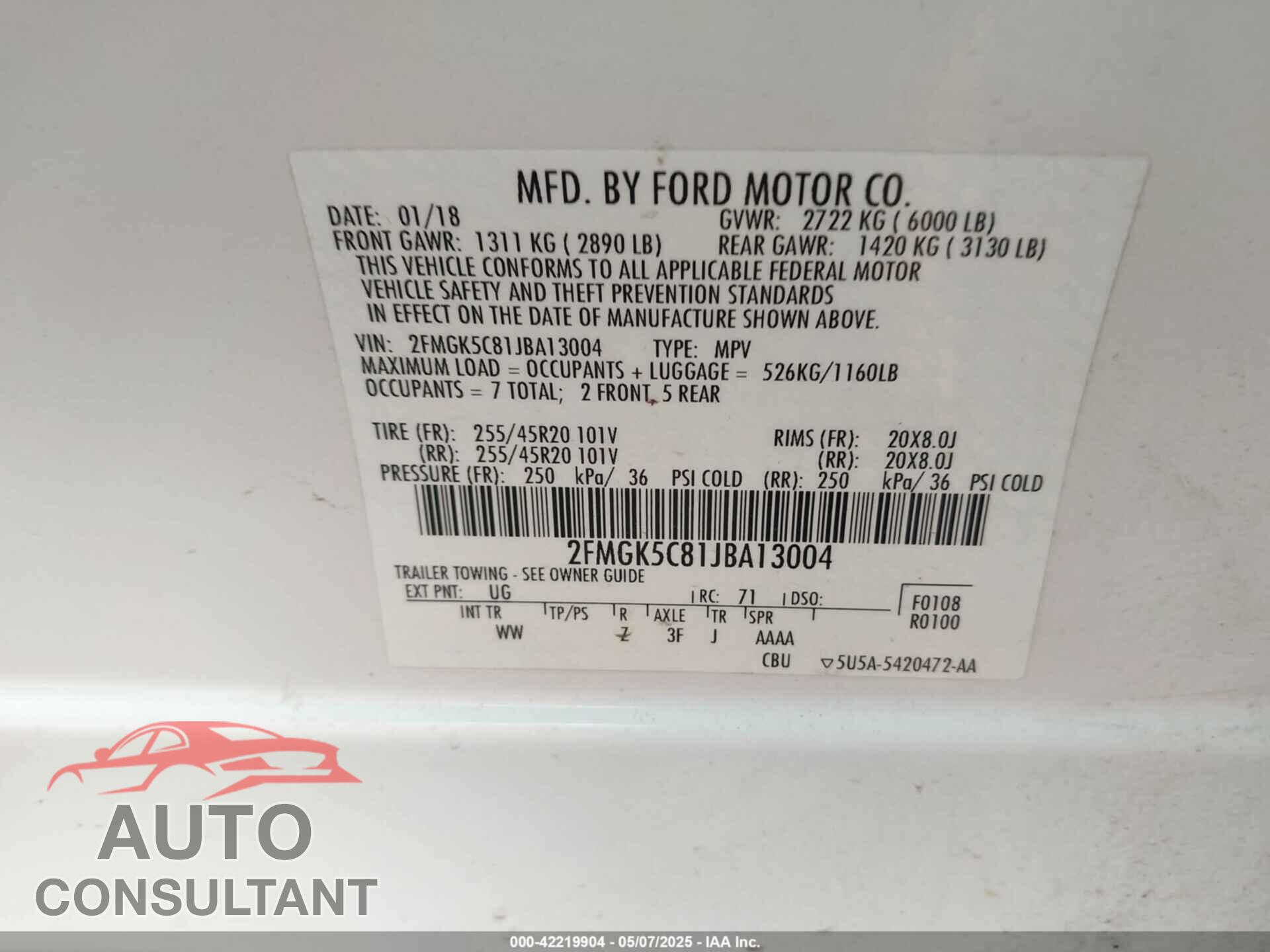 FORD FLEX 2018 - 2FMGK5C81JBA13004