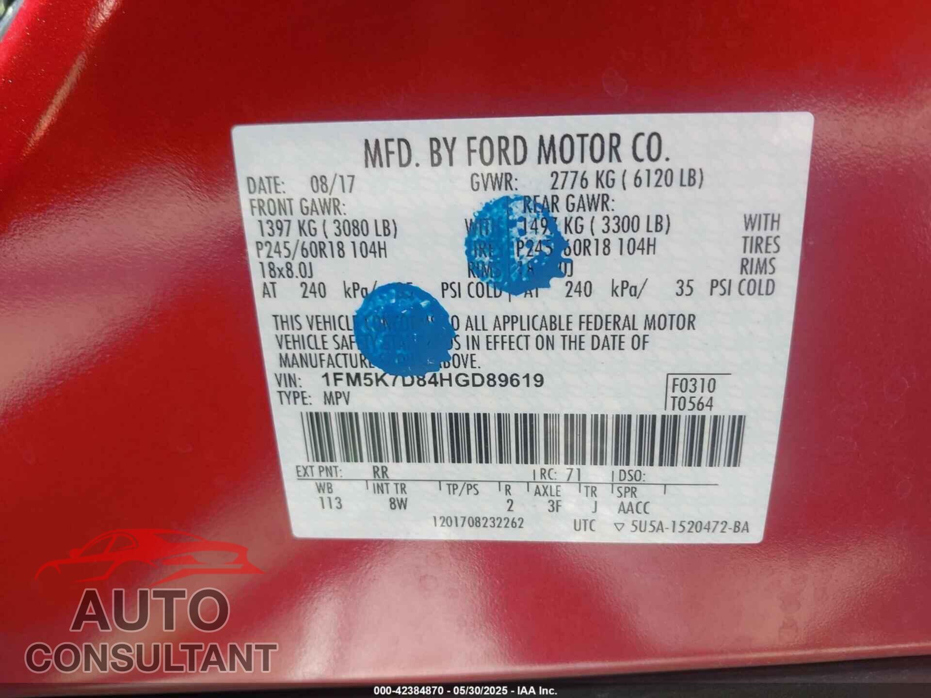 FORD EXPLORER 2017 - 1FM5K7D84HGD89619