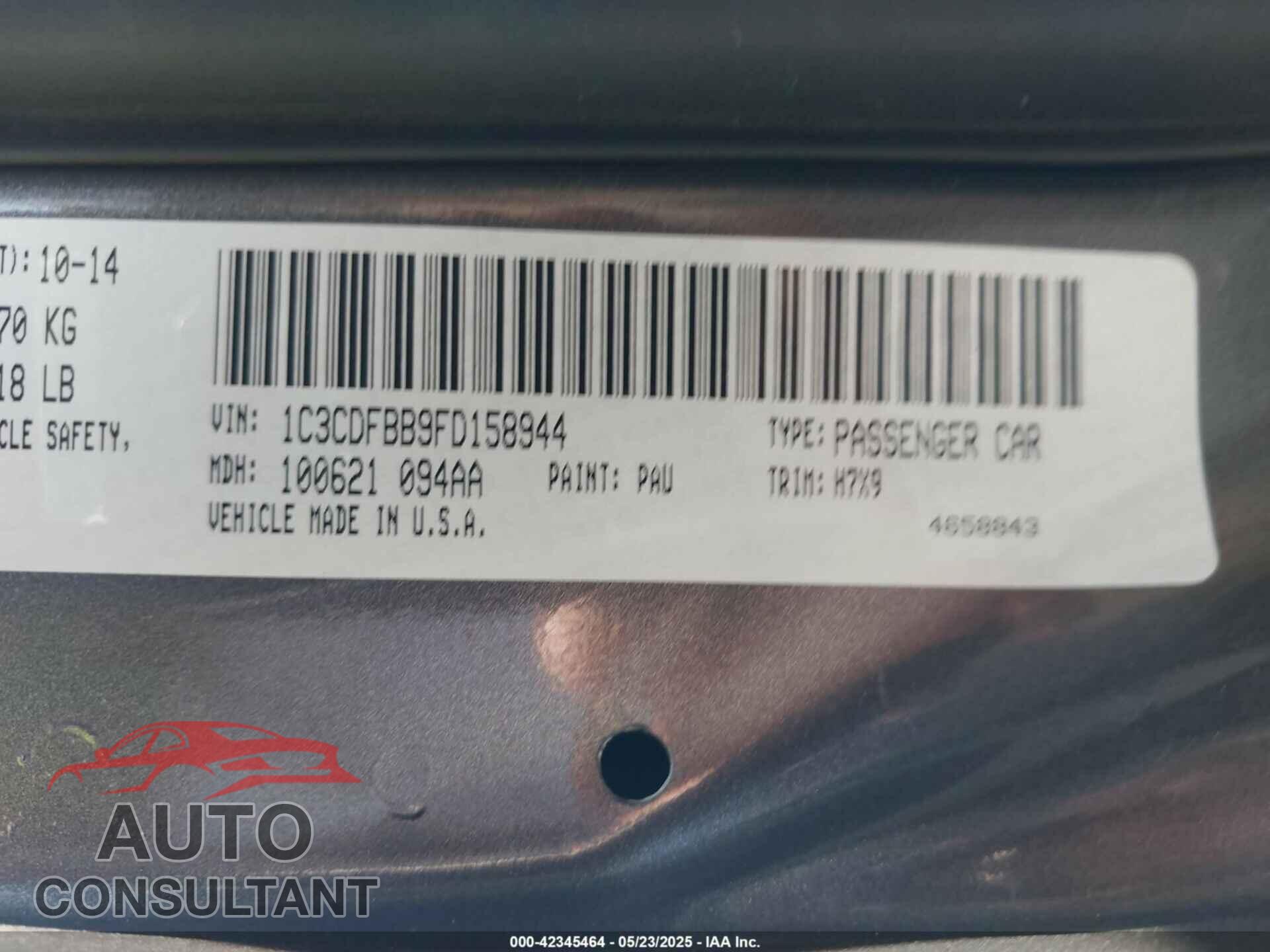 DODGE DART 2015 - 1C3CDFBB9FD158944