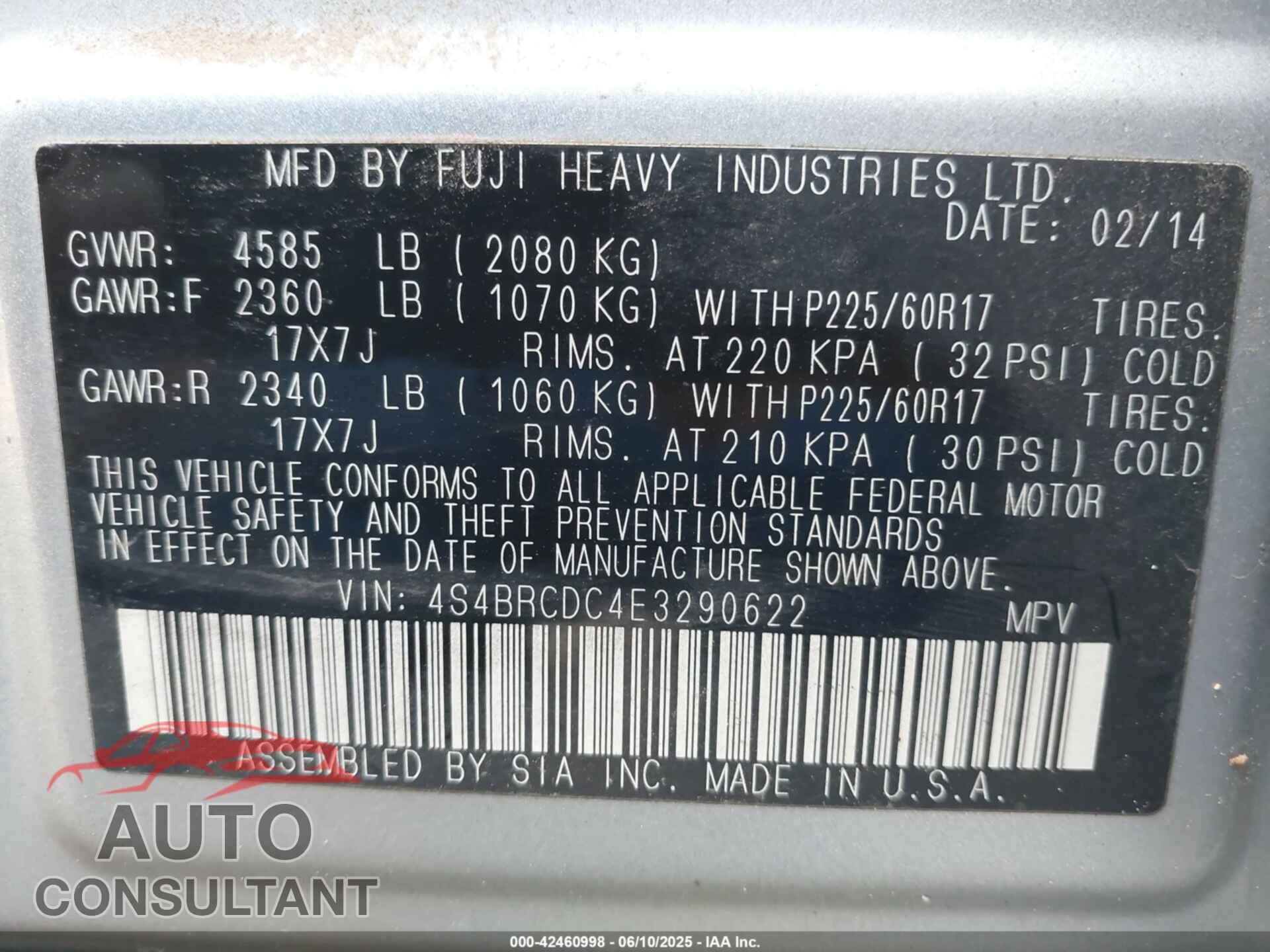 SUBARU OUTBACK 2014 - 4S4BRCDC4E3290622