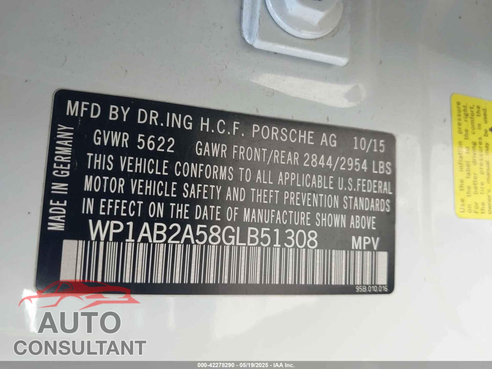 PORSCHE MACAN 2016 - WP1AB2A58GLB51308