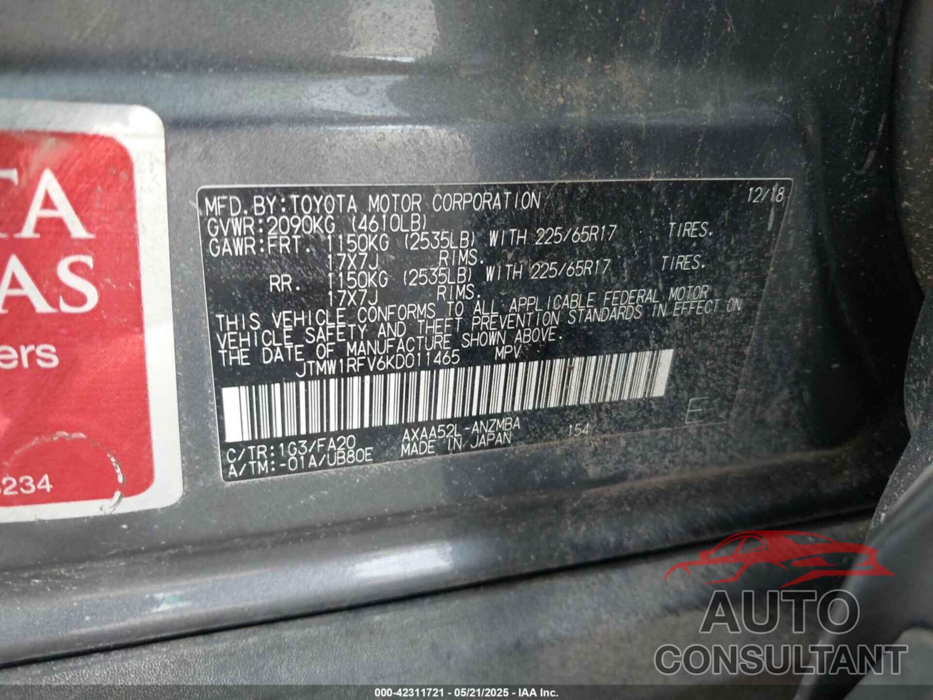 TOYOTA RAV4 2019 - JTMW1RFV6KD011465