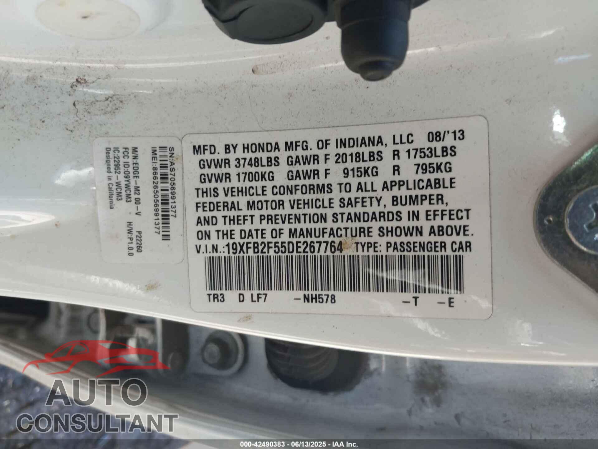 HONDA CIVIC 2013 - 19XFB2F55DE267764
