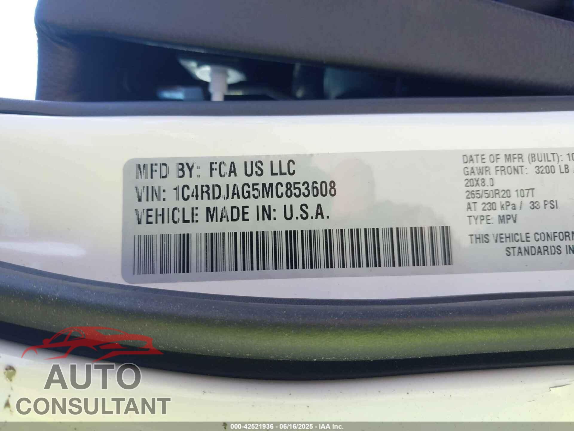 DODGE DURANGO 2021 - 1C4RDJAG5MC853608